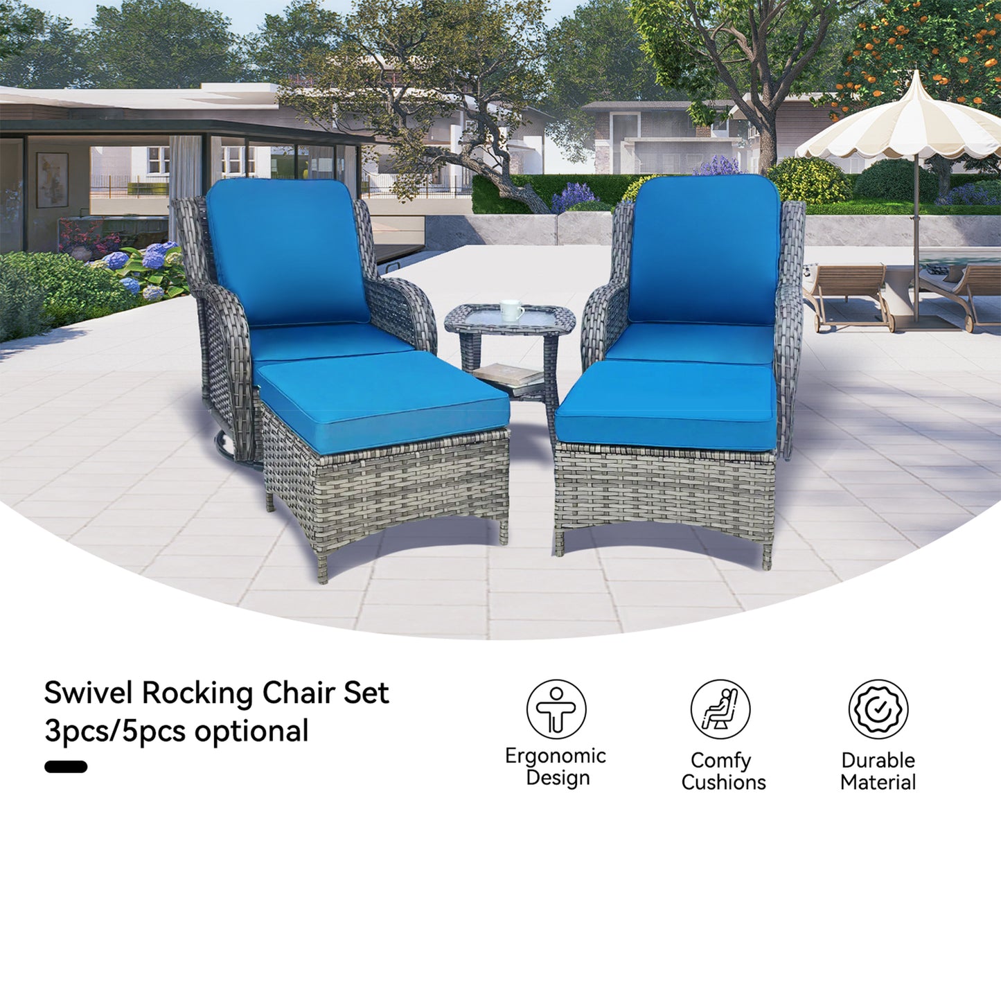 Wicker Patio Furniture Set - 5 Piece Rattan Outdoor Sectional Conversation Sets with 2 Swivel Rocking Chairs,2 Ottomans and 1 Side Table for Porch Deck Garden image 9