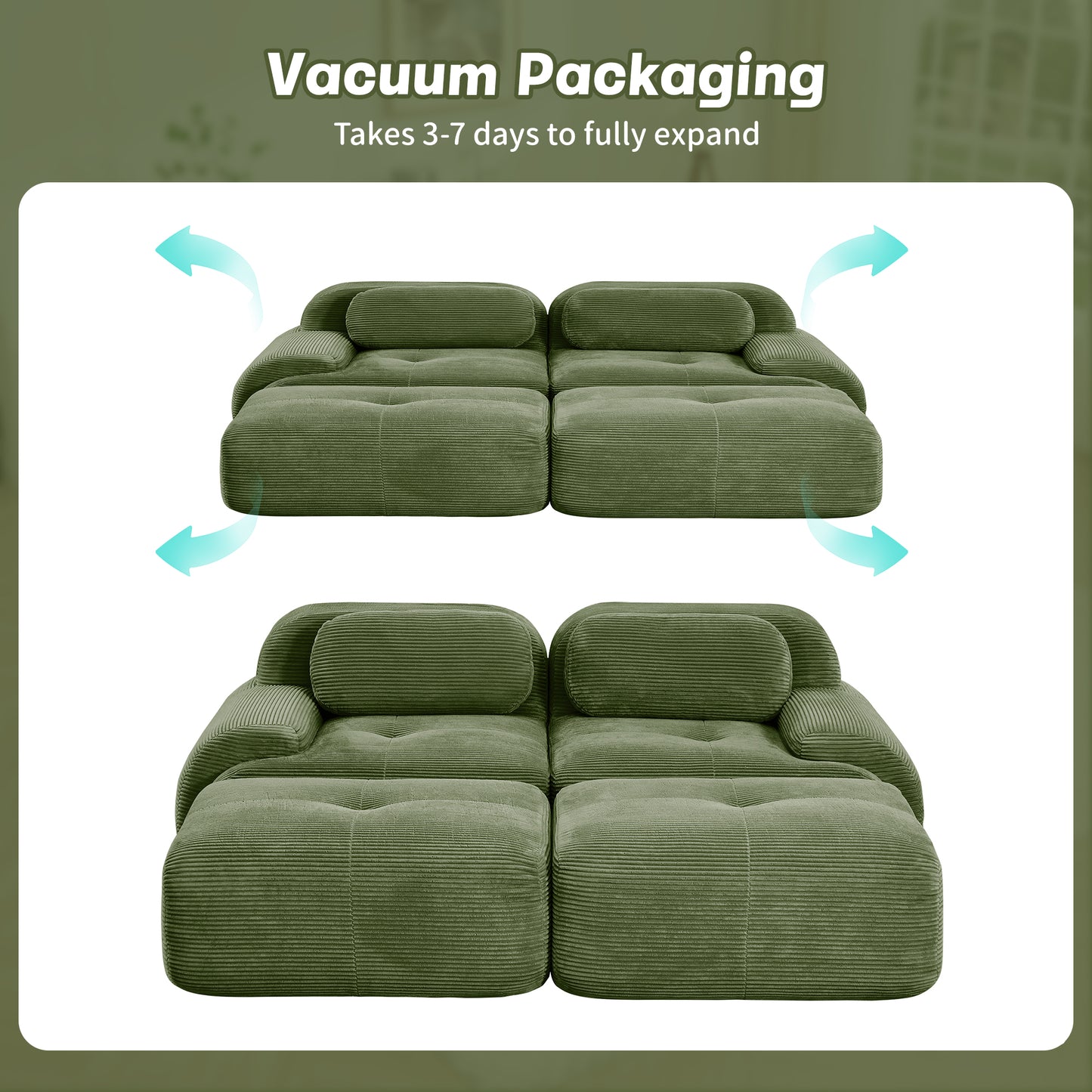2-seat sofa in luxuryCorduroy Fabric fabric modular multi-combination anti-slip design assembly chaise lounge curved armrests ergonomic support high-resilience sponge living rooms bedrooms,Olive green image 12