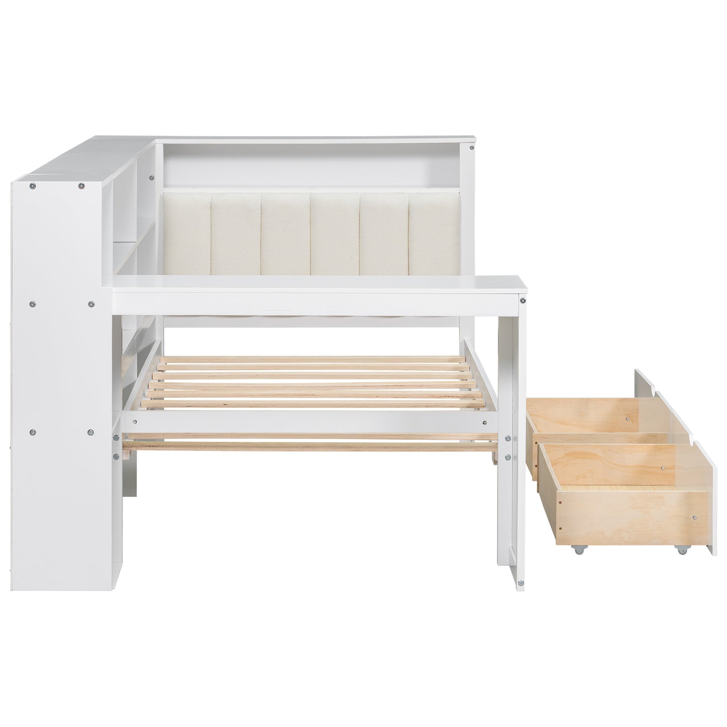 Wood Twin Size Platform Bed with Storage Shelves, Drawers, Charging Station, LED, Desk and Upholstered Headboard, White+Beige Cushion image 12