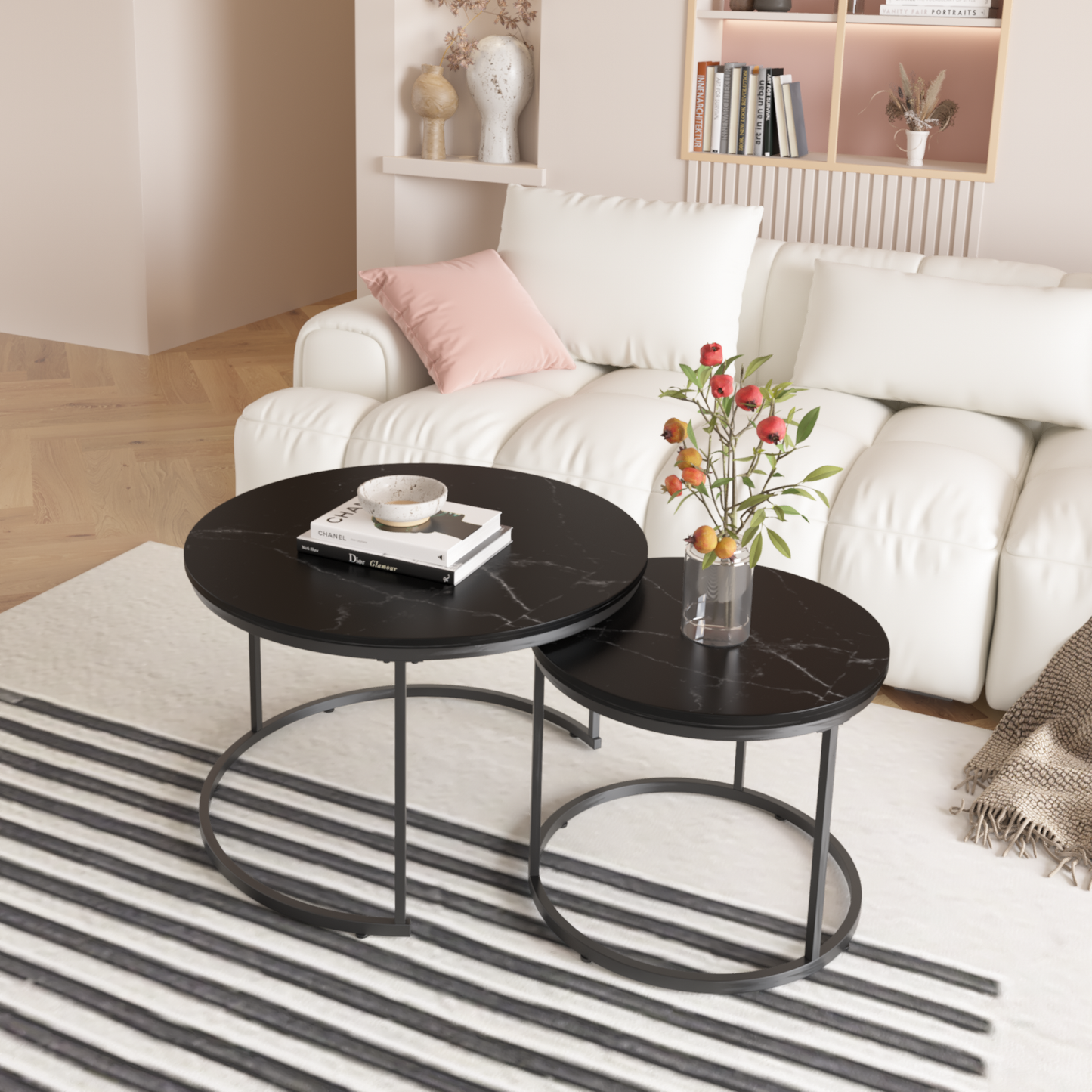 27.6" Nesting Coffee Table Set of 2, Round Coffee Table Wood Marble Pattern Top with Sturdy Metal Frame, End Table Side Tables for Living Room Bedroom Balcony Yard (Black) image 12