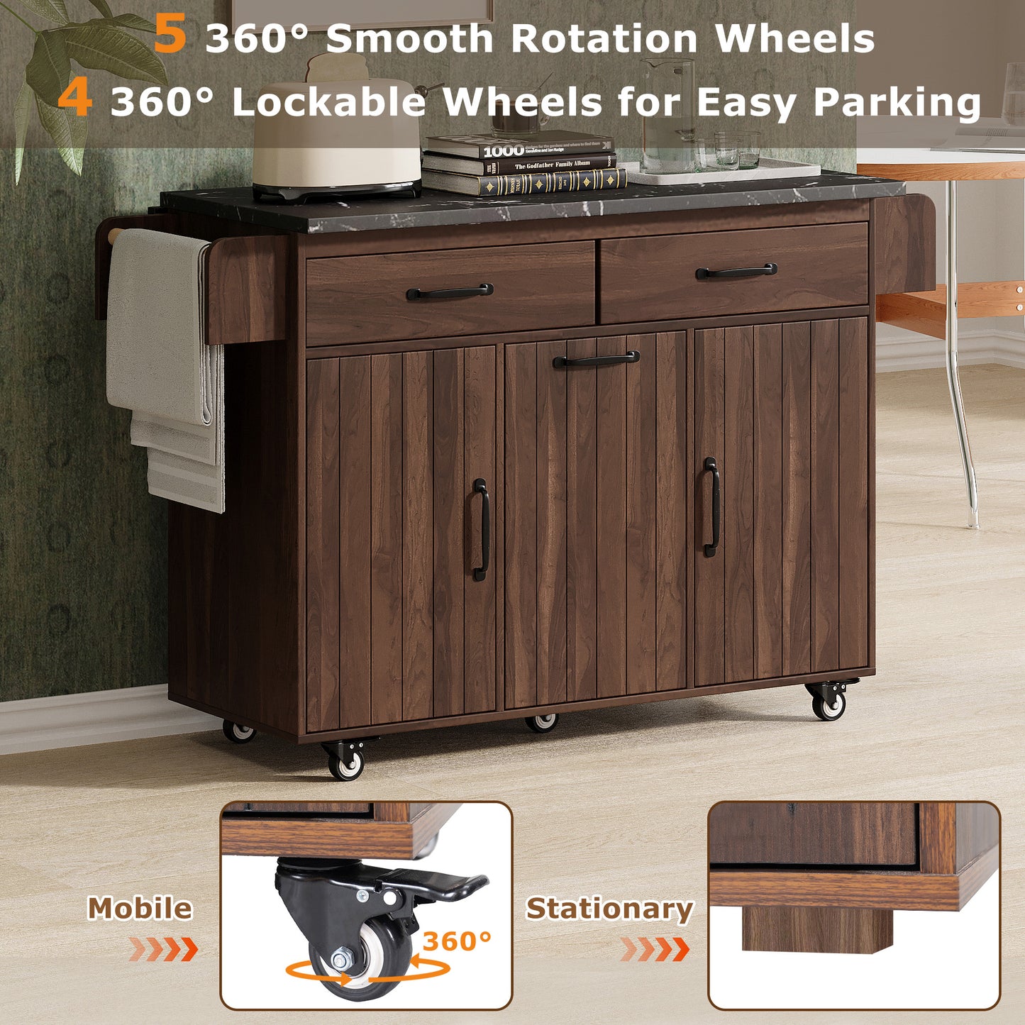 K&K Kitchen Island with Trash Can Storage Cabinet, Kitchen Cart with Drop Leaf, Spice Rack, Towel Rack and Drawer, Rolling Kitchen Island on Wheels with Adjustable Shelf, Walnut Brown image 12