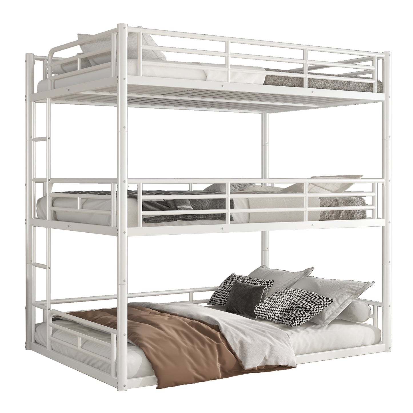 Full over Full over Full Bunk Bed, Metal Triple Bunk Bed with Safety Guardrails, Heavy-duty Bunk Bed with Noise-reduced Design, White image 12