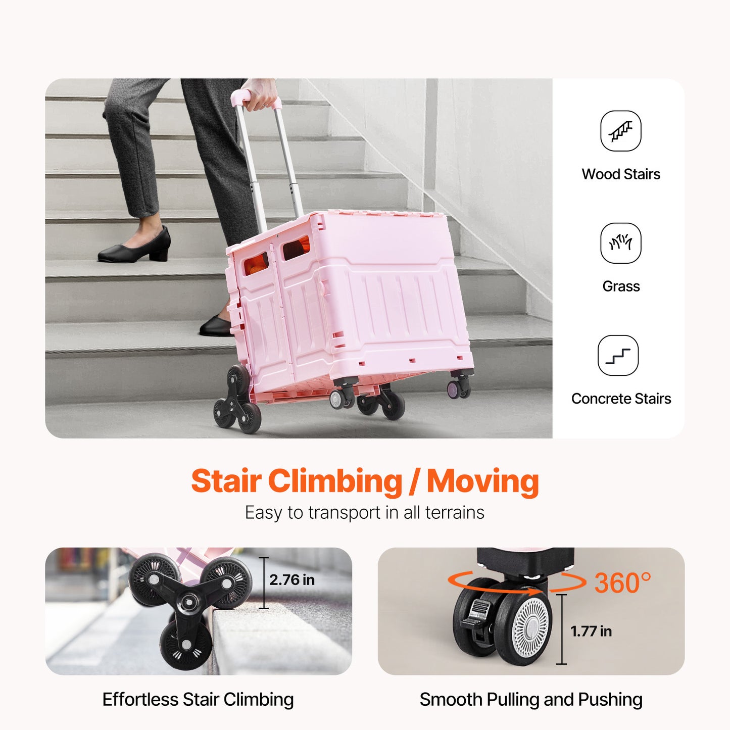 Foldable Cart with Stair Climbing Wheels Collapsible Rolling Crate 65L image 10