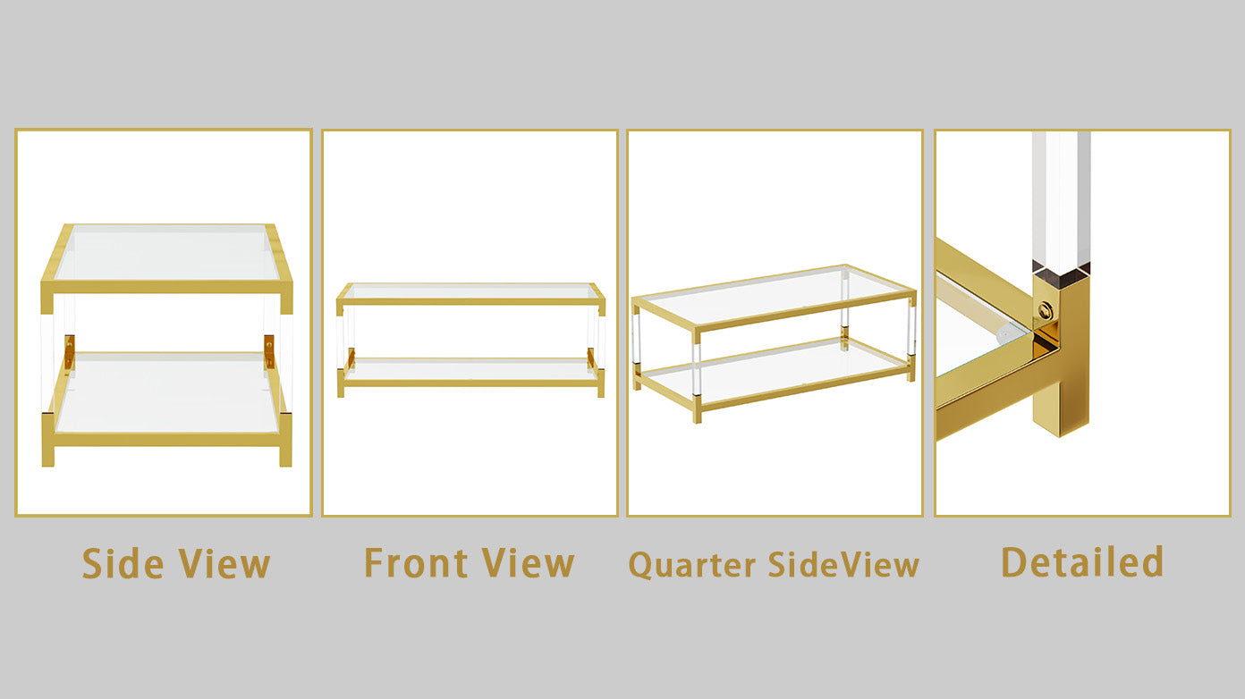 Modern Acrylic Leg Coffee Table, Double Layer Tempered Glass Top with Golden Metal Frame, 47.2x23.6x17.7 Inch Living Room Furniture image 12