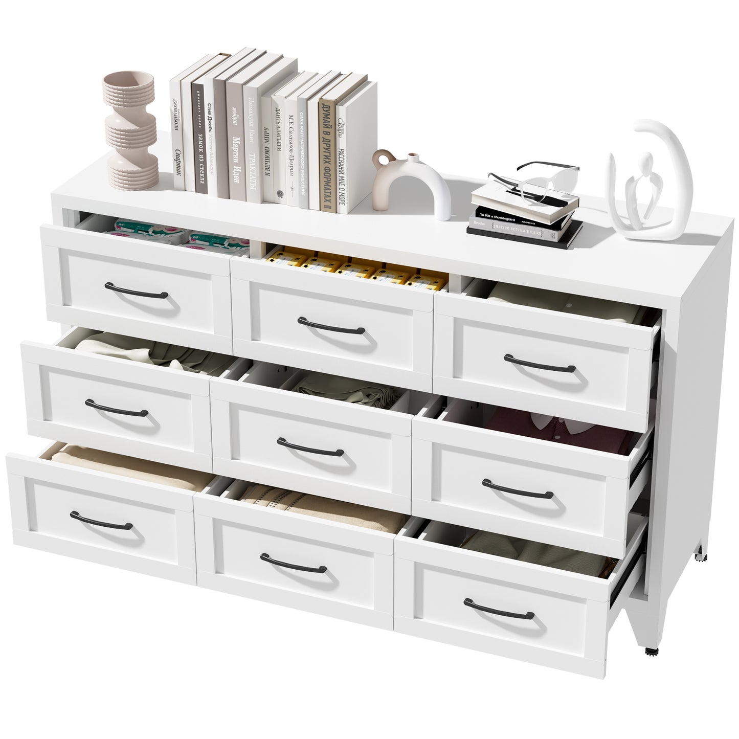 9 Drawer Dresser for Bedroom, Metal Profile Chest of Drawers, White Bedroom Dresser with Storage Drawers for Closet, Hallway, Entryway, Steel Furniture with Quiet-Glide Rails, Easy-Clean & Scratch image 12