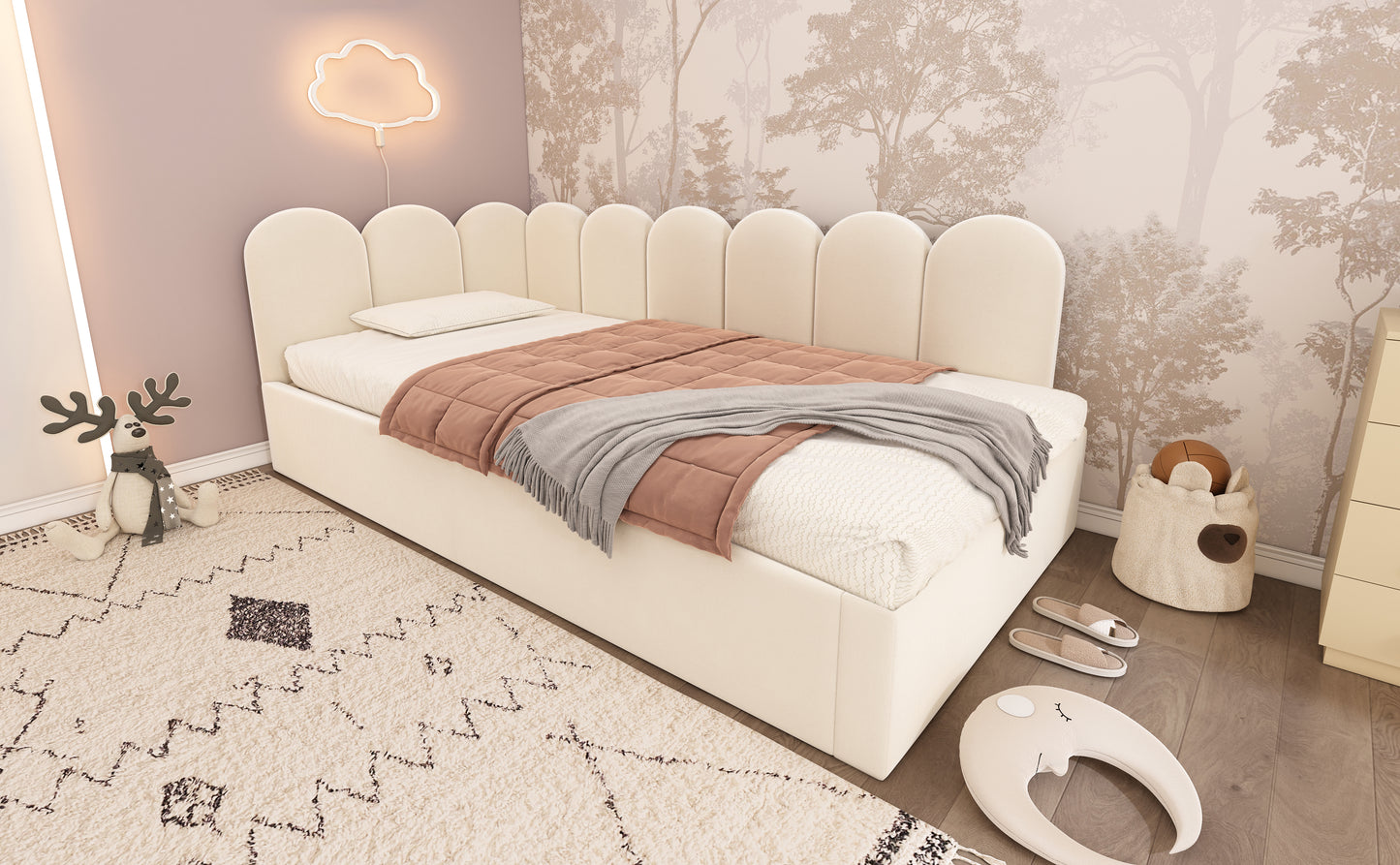 Upholstered Bed Daybed With Pull-Out Bed, Twin Size Single Sofa Bed,Guest Beds For Adults and Children, Bed With Metal Slatted Frame, Velvet, Beige (Without Mattress) image 12