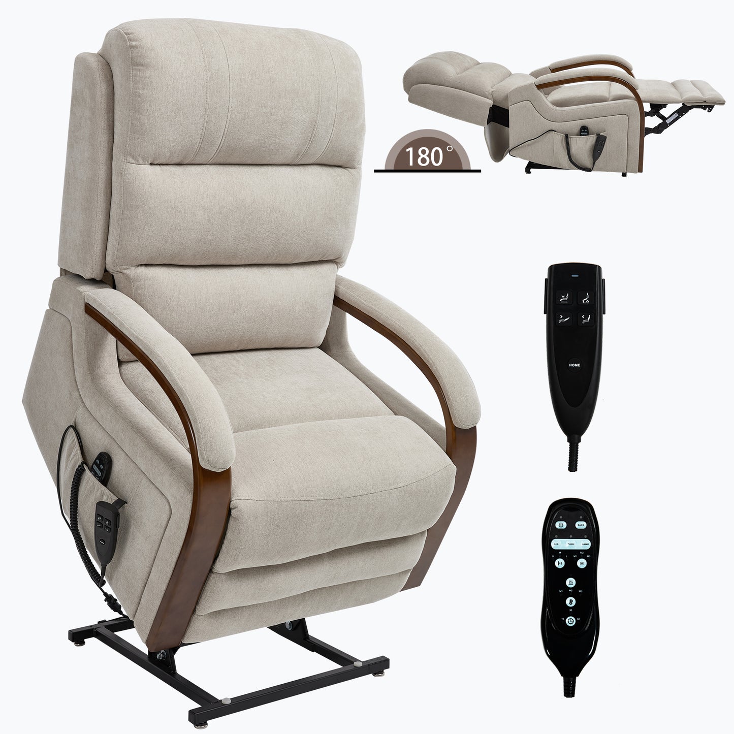 Power Beige Chenille Lift Recliner Chair Dual Motor Infinite Position Up to 350 LBS with Solid Wood Armrests, Heat Massage and Heavy Duty Motion Mechanism image 12
