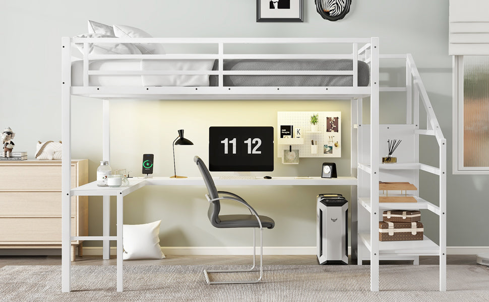 Queen Size Loft Bed with L-shaped Desk and USB, Metal Loft Bed with Wardrobe and Adjustable Shelf, High Loft Bed with LED for Kids Teens Adults, White image 12