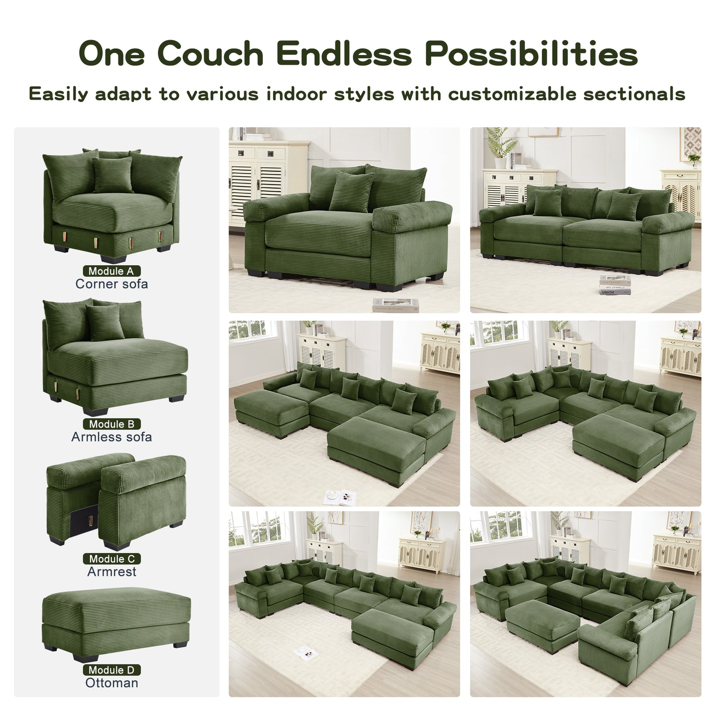 130" Oversized Cloud Modular L-Shape Sectional Couch,Soft Corduroy Fabric,With An Ottoman,Deep Seat Wide Armrest Ergonomic Design 9 Pillows Easy Assembly,For Living Rooms bedroom,Green image 12