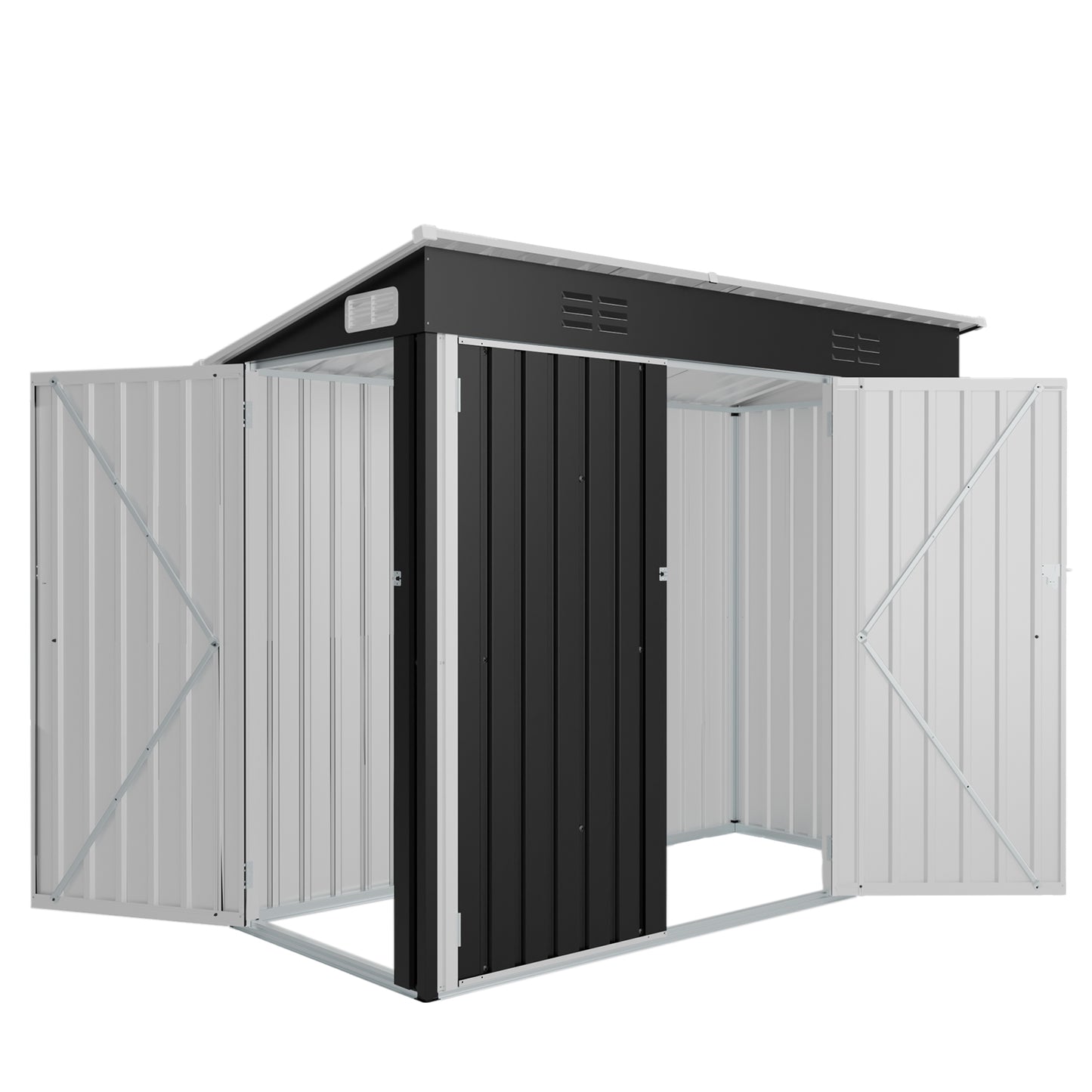 4 x 8 FT Galvanized Steel Outdoor Storage Shed with 3 Access Doors, Ventilated Weatherproof Metal Utility Shed for Garden Tools, Bikes & Patio Equipment,Black(3.58*7.41 ft) image 11