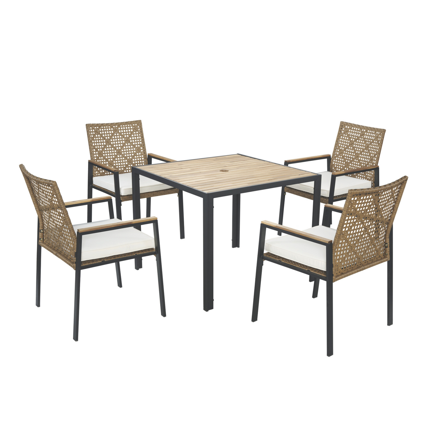 All Weather 5-Piece Patio Dining Table Sets, Patio Conversation Set Acacia Wood Table Top with Umbrella Hole, Rattan Outdoor, Yellow Color image 12