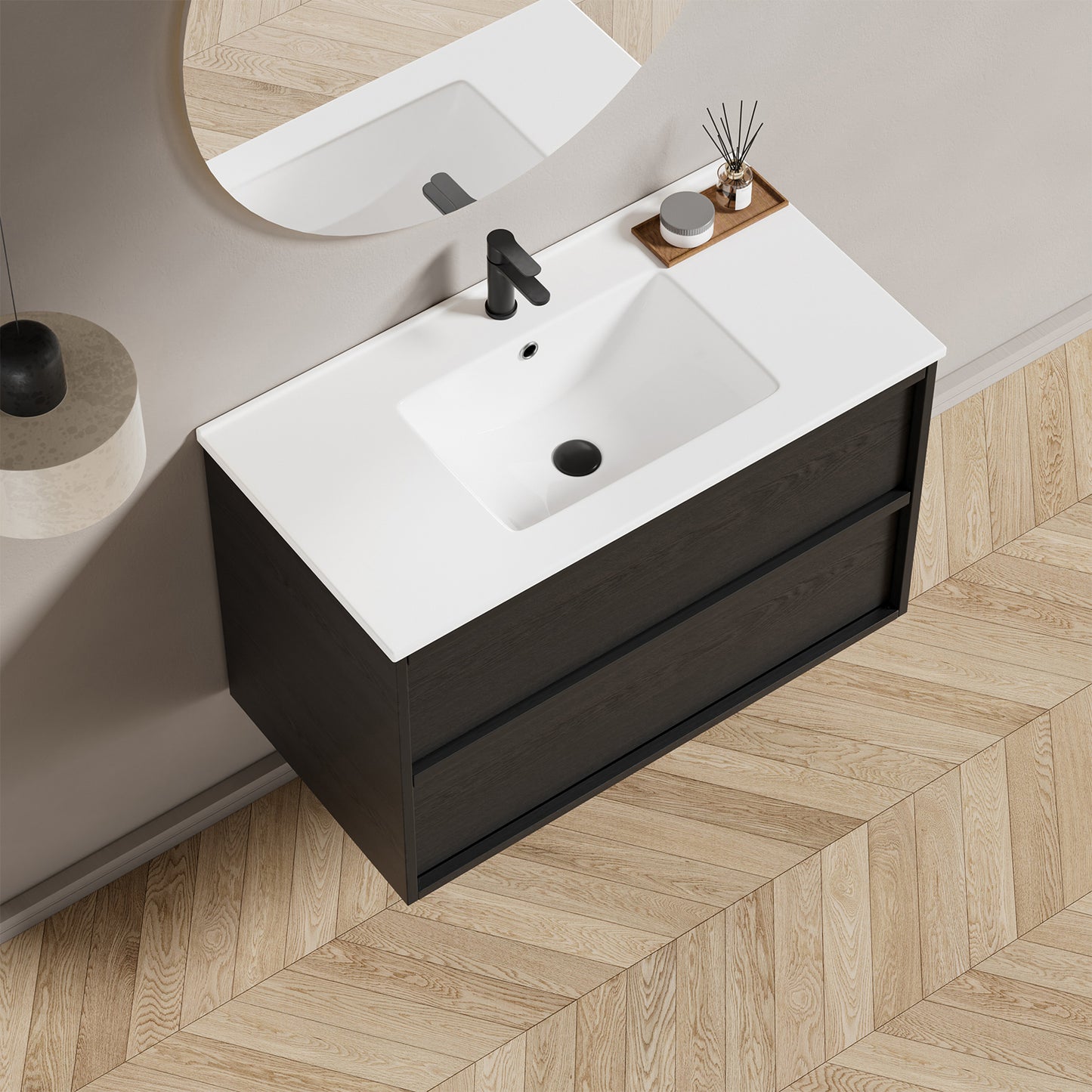 36 Inch Bathroom Vanity Cabinet With Ceramic Sink - Gray Wall Mounted Floating Fluted Vanity With Drawers, Modern image 8