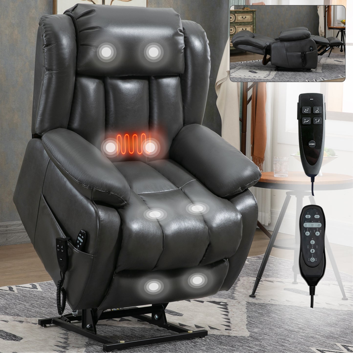 Dual Motor Infinite Position Up to 350 LBS Electric Medium size Leatheraire Grey Power Lift Recliner Chair with 8-Point Vibration Massage and Lumbar Heating image 12
