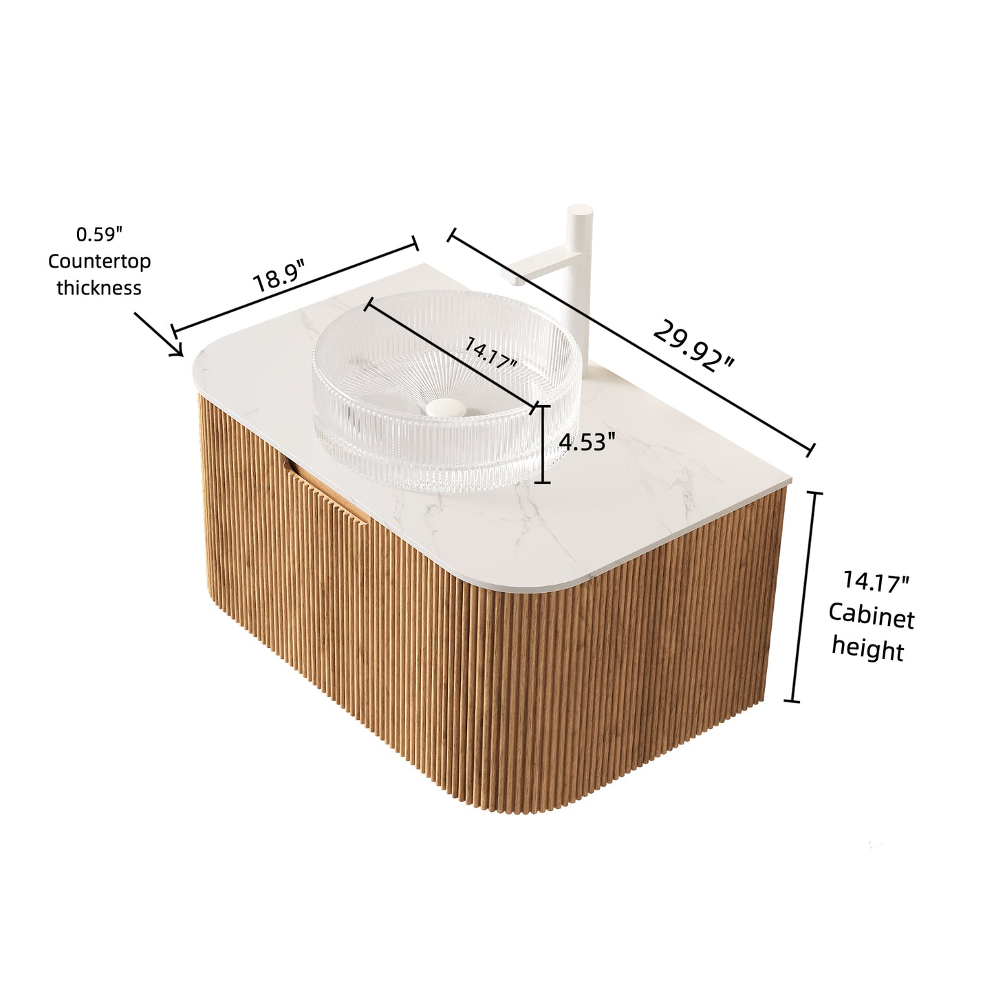 DINA 30" Bathroom Vanity with Sink, Wall-Mounted Floating Curved Edges Striped Storage Cabinet with Drawer, Transparent Round Glass Basin and Countertop, Pre-assembled, Natural Woodgrain Color image 5