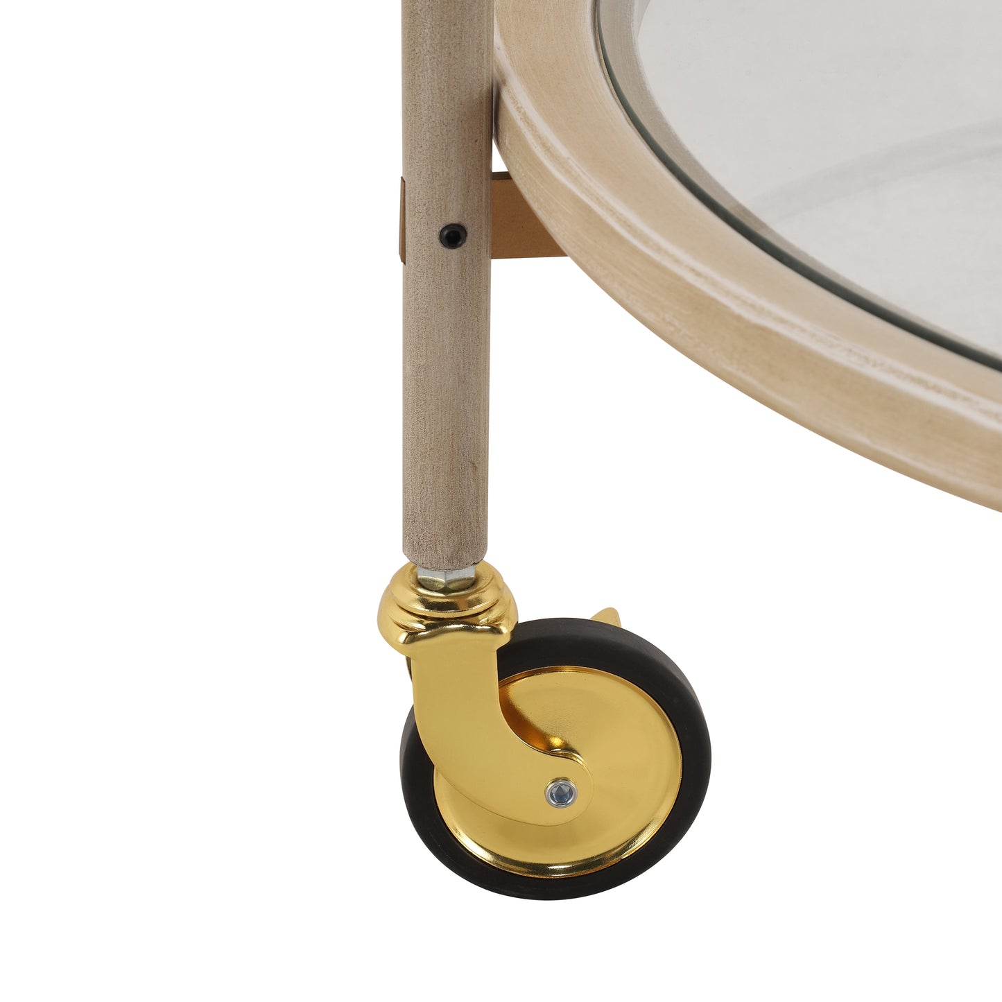 Round Bar Cart with Tempered Glass Shelves and Gold Accents,Distressed White Finish image 10