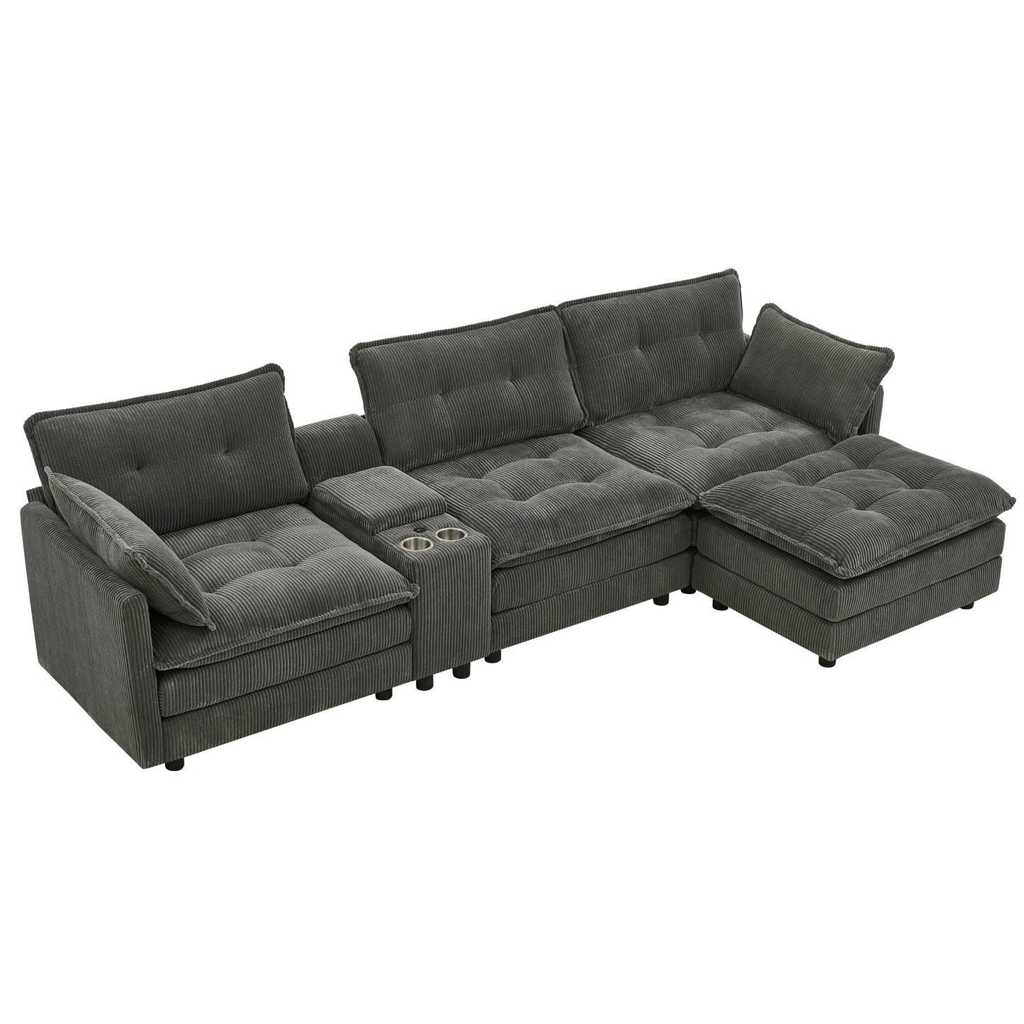 119" L-Shaped Oversized Corduroy Modular Sectional Sofa with 1 Ottoman and Multi Functional Console, 4-Seater Upholstered Couch with USB and 2 Cup Holder, Easy Assembly, for Living Room, Grey image 11