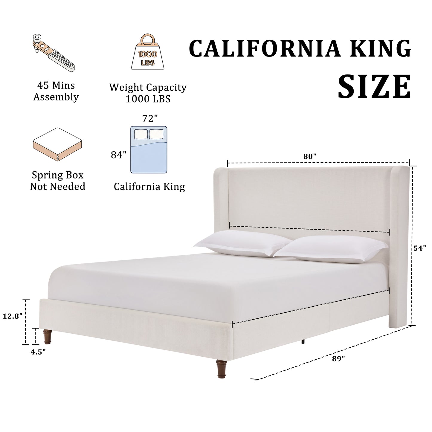 Harper Tall Headboard Upholstered Bed / 54" High Headboard / Elegant Simplicity / No Box Spring Needed / Easy Assembly / California King / Cream White Chenille image 12