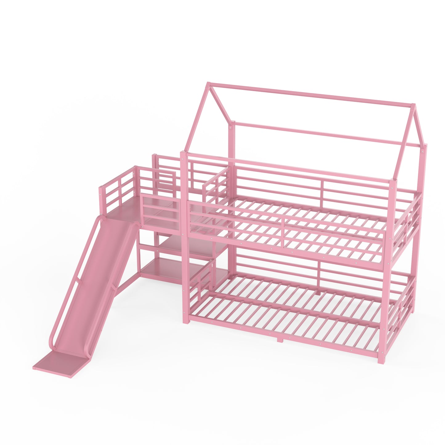 Twin metal House Bunk Bed with Storage Stairs, Slide, Safety Rails, Pink image 12