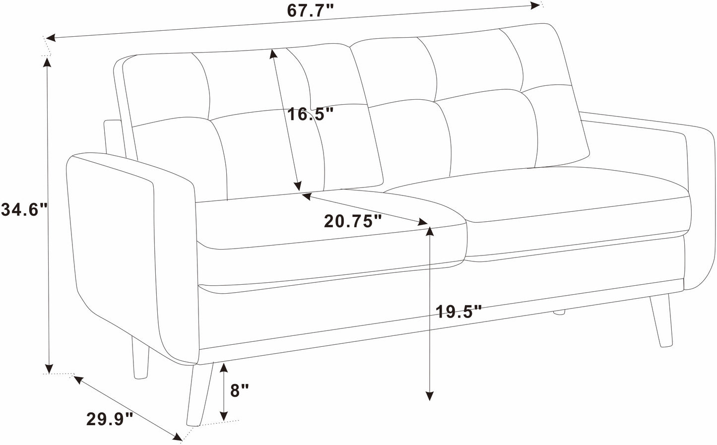 67.7" Wide Mid-Century Modern Upholstered Tufted Loveseat Sofa With Wooden Legs image 8