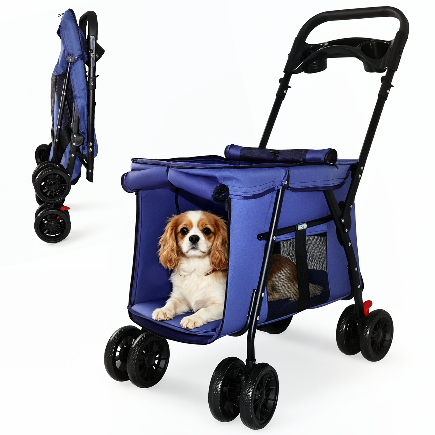 Pet Stroller, Foldable 4-Wheel Design, Breathable Mesh Dog Cat Stroller with Shockproof Wheels, Brake System, Storage Tray, 2 Fixed Safety Leashes, Large Space for Small Medium Pets, Navy Blue image 12