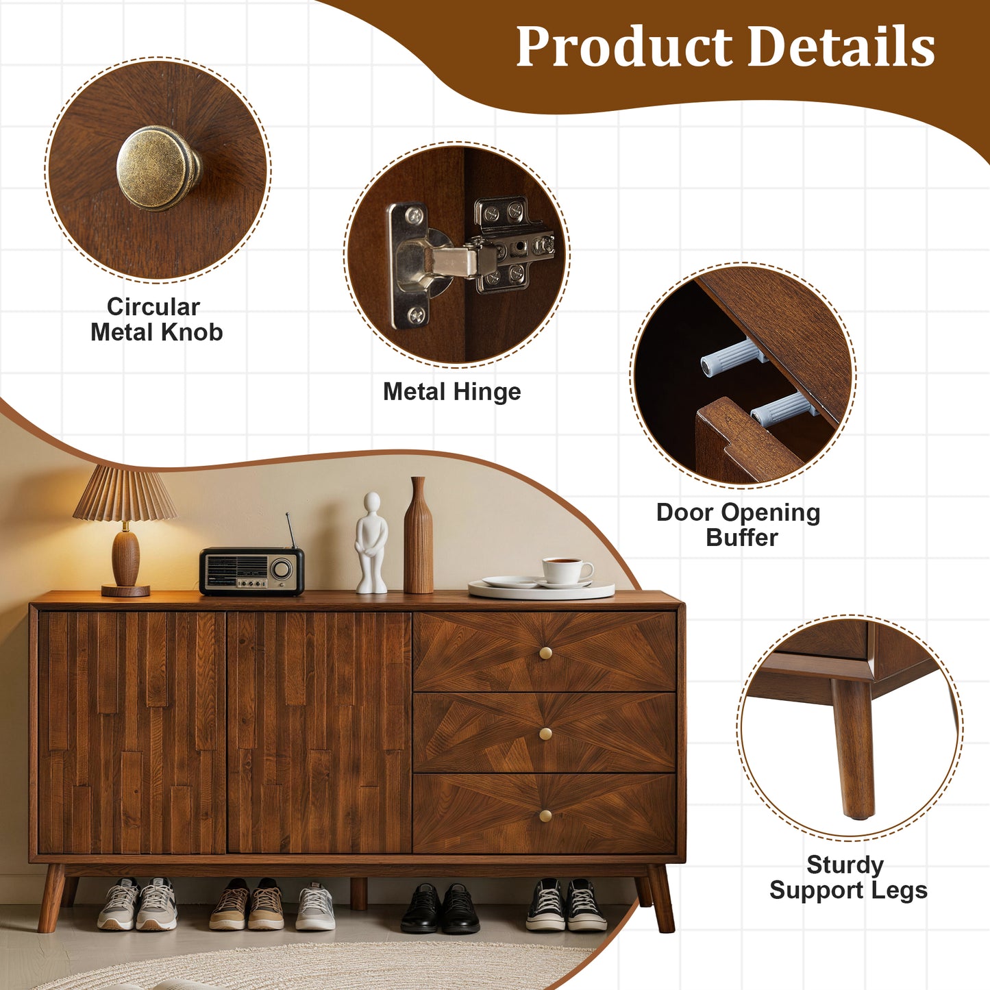56" Mid Century Modern TV Stand with Storage, Entertainment Center with 3 Drawers and 2 Doors, Wooden Sideboard Buffet Cabinet for Living Room, Dining Room & Entryway, Walnut Brown image 12
