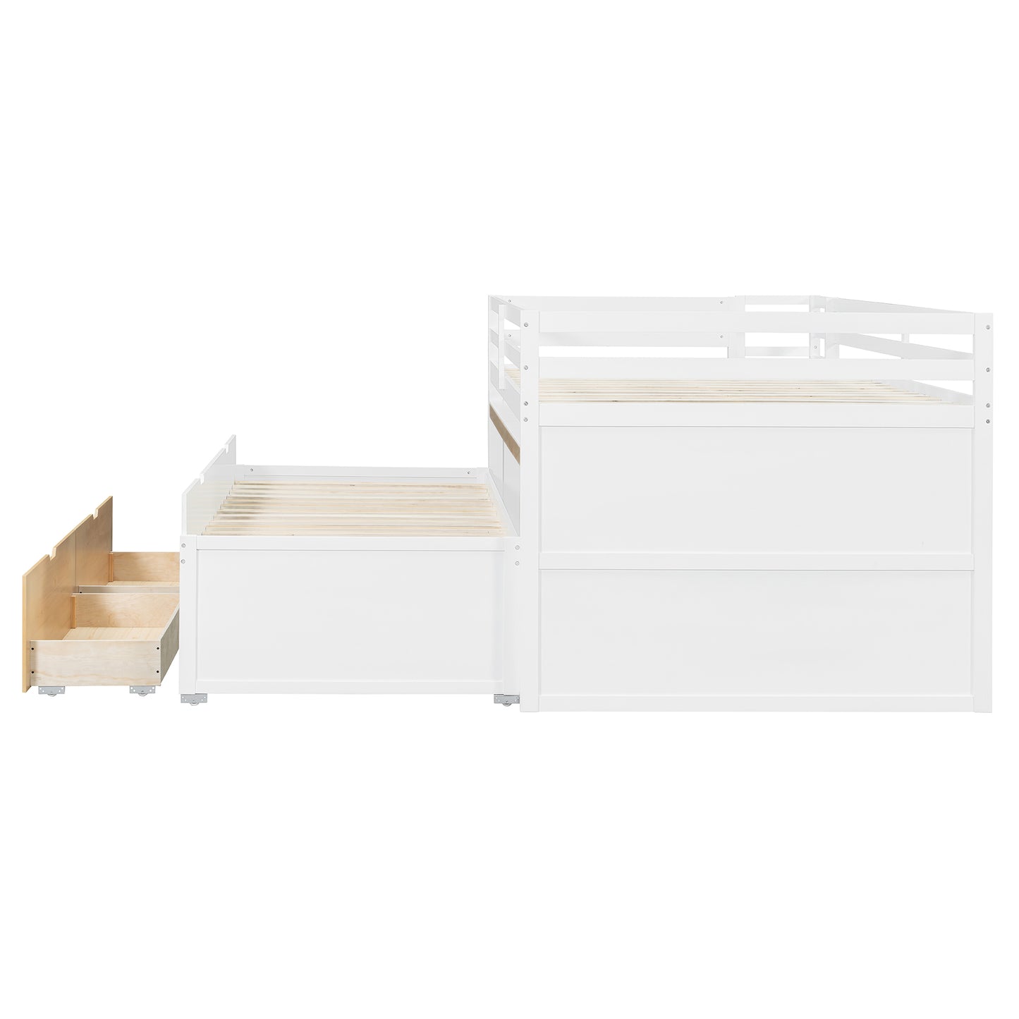 Full XL Loft Bed with Pull-Out Desk and Twin Trundle, Multi-Functional Bunk Bed with 2 Storage Drawers and Storage Steps, Space-Saving Gaming & Workstation Bedframe, White+Wood Color image 12