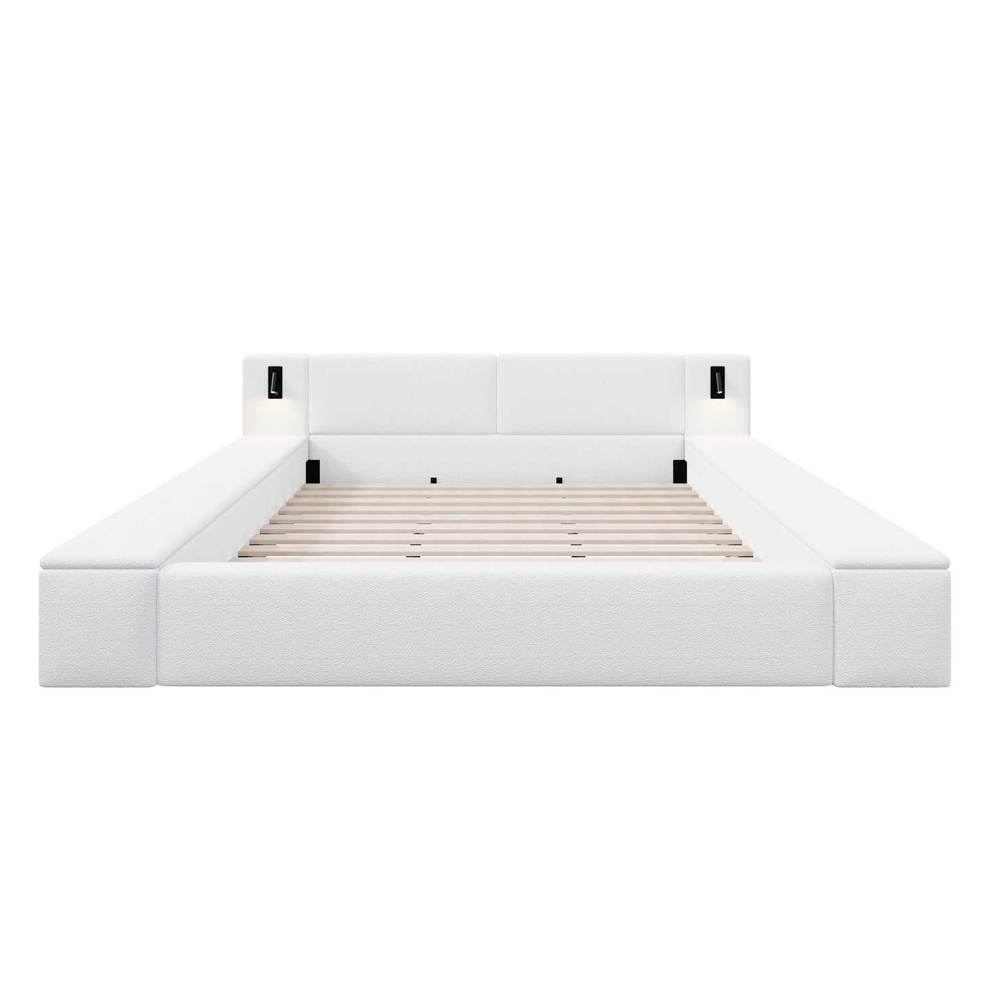 Queen Size Teddy Fleece Upholstered Platform Bed Frame with Massive Hidden Storage, Modern Bouclé Fabric Bed with Built-in Nightstands & LED Reading Lights, Wood Slats, No Box Spring Needed, White image 12