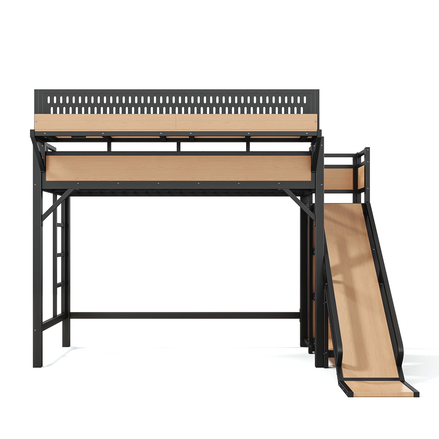 Twin XL Size Loft Bed with Slide, Storage Shelves and Built-in Wardrobe, Metal Loft Bed Frame with USB Ports and LED Lights, with Pegboard, Safety and Solid, Natural image 12