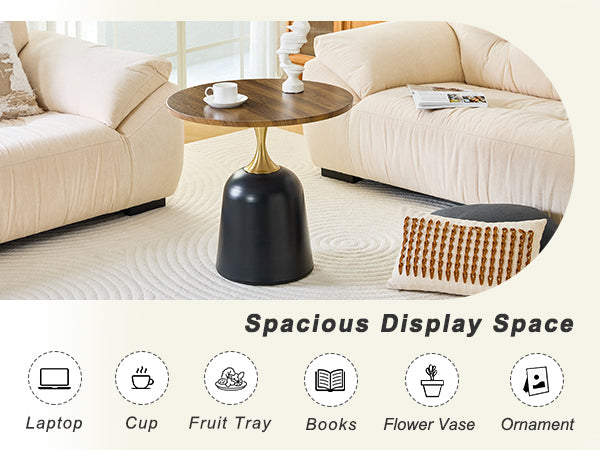 23.6 inch circular side table coffee table, metal base living room table, simple and modern walnut wood grain decoration, negotiation table, unique circular sofa headboard office desk. image 12