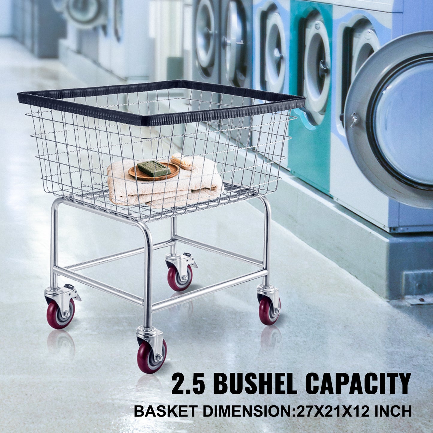 Wire Laundry Cart, 2.5 Bushel Wire Laundry Basket with Wheels, 21''x27''x27.5'' Commercial Wire Laundry Basket Cart, Steel Frame with Chrome Finish, 4inch Casters, Wire Basket Cart For Laundry image 11