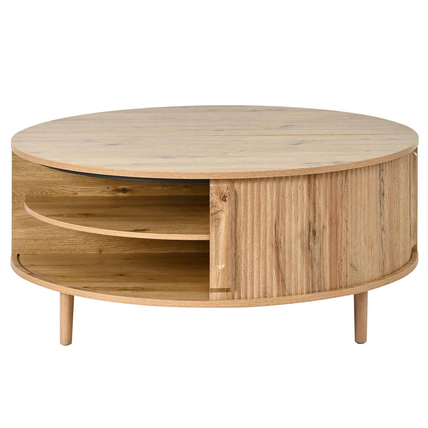 U-Can Minimalist Round Lift-Top Coffee Table with Hidden Storage, Sliding Door, Pine Legs, and Wood Wave Finish image 12