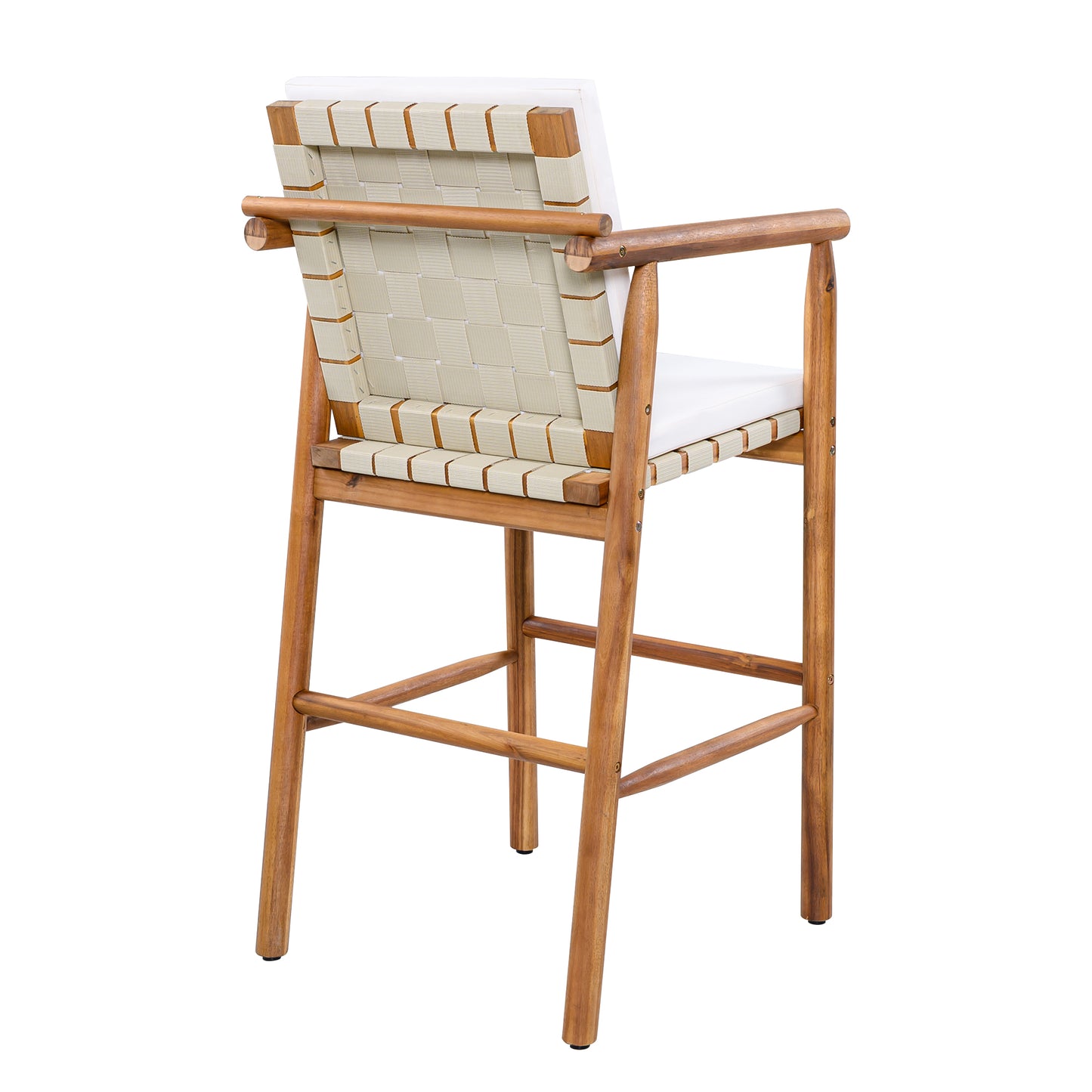 Outdoor Counter Height Bar Stools Chair Set of 2, Modern Patio Acacia Wooden Stools with Backrest Arm and Webbing Seat, for Patio, Pool, Garden, Beige Cushions Included image 11