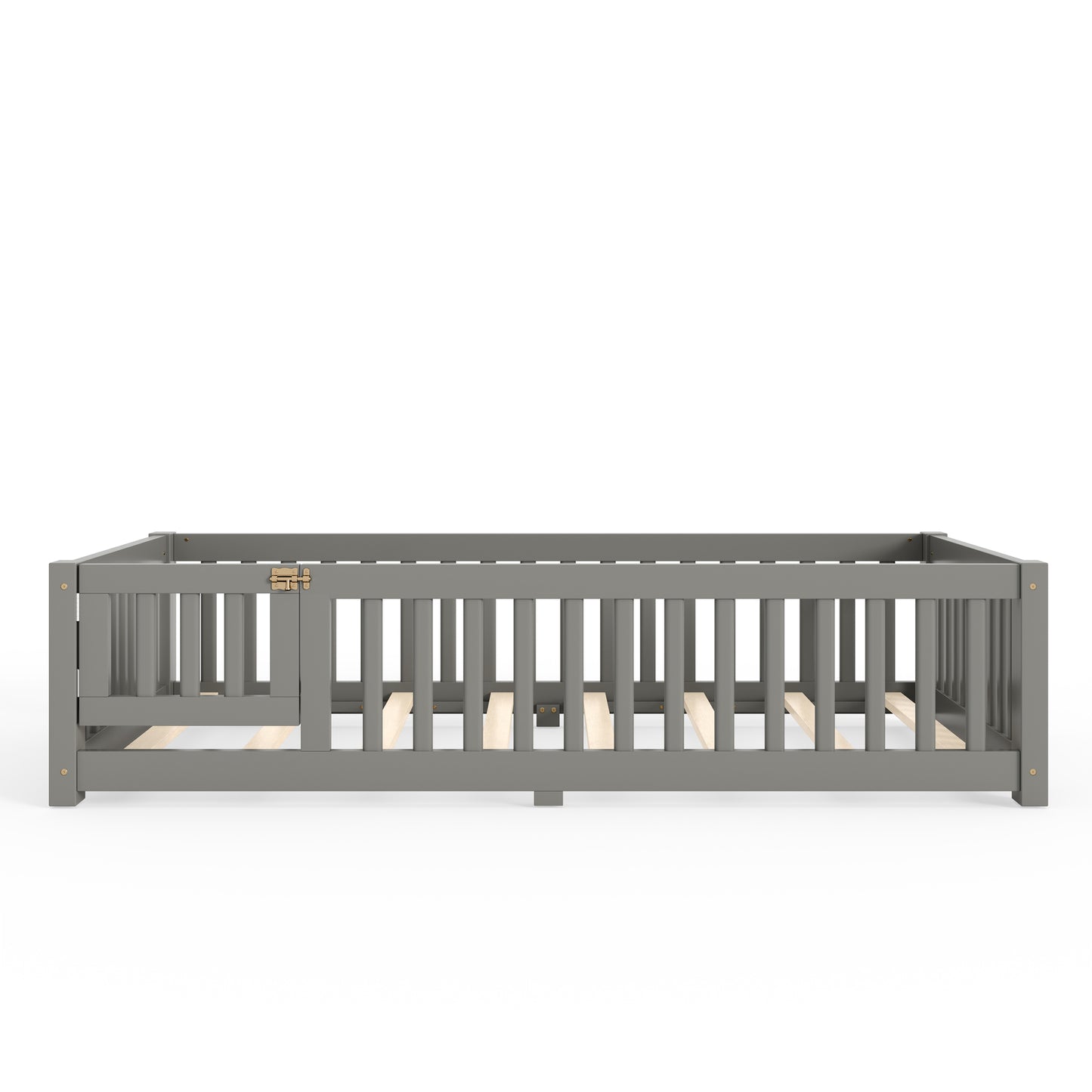 Twin Size Bed Floor Bed with Safety Guardrails and Door for Kids, Gray image 12