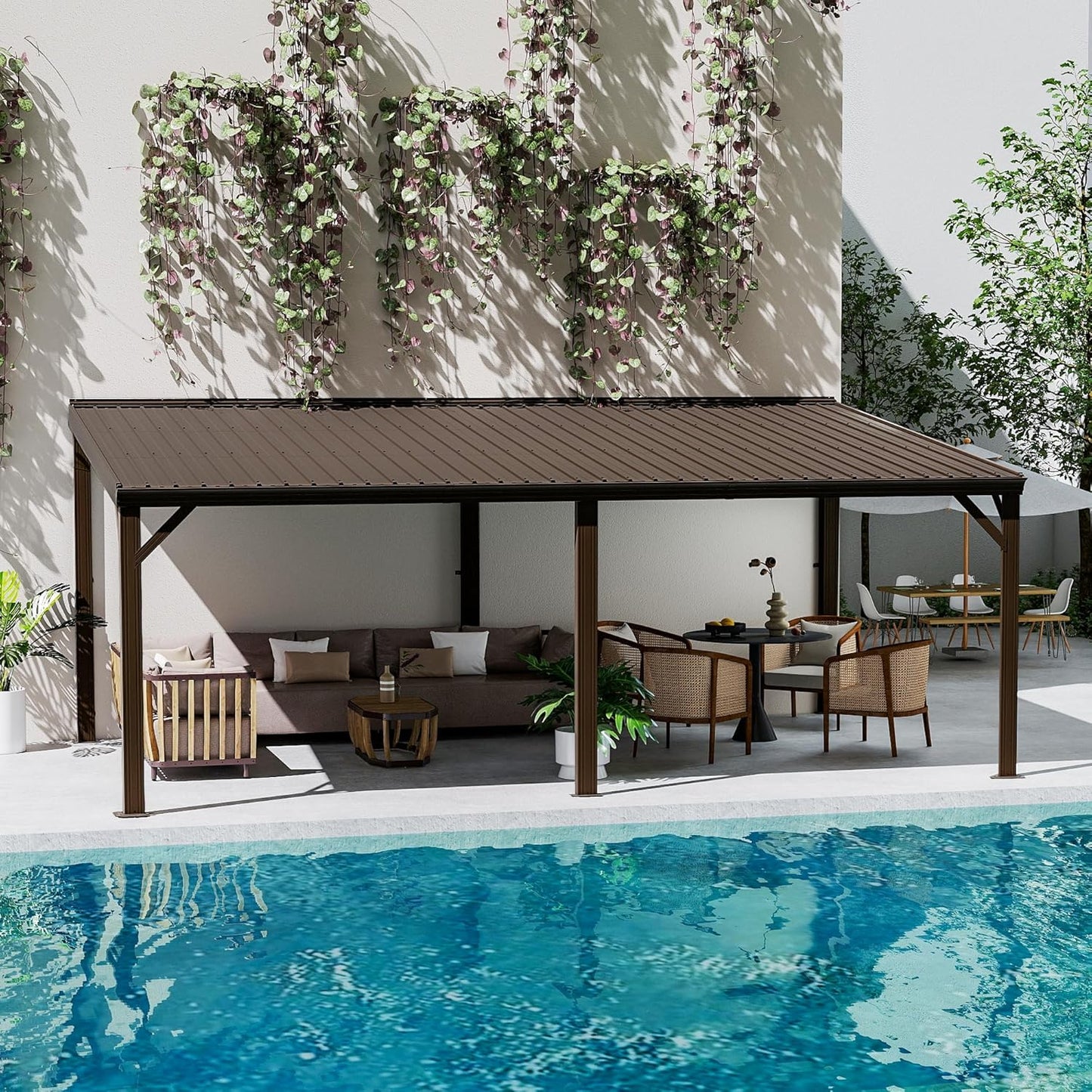 12x20FT Lean to Gazebo, Outdoor Hardtop Wall Mounted Gazebo with Sloping Galvanized Steel Roof, Upgraded Heavy Duty Mounted Shelter with Drainage System for Deck, Porch, Backyard,Brown image 10