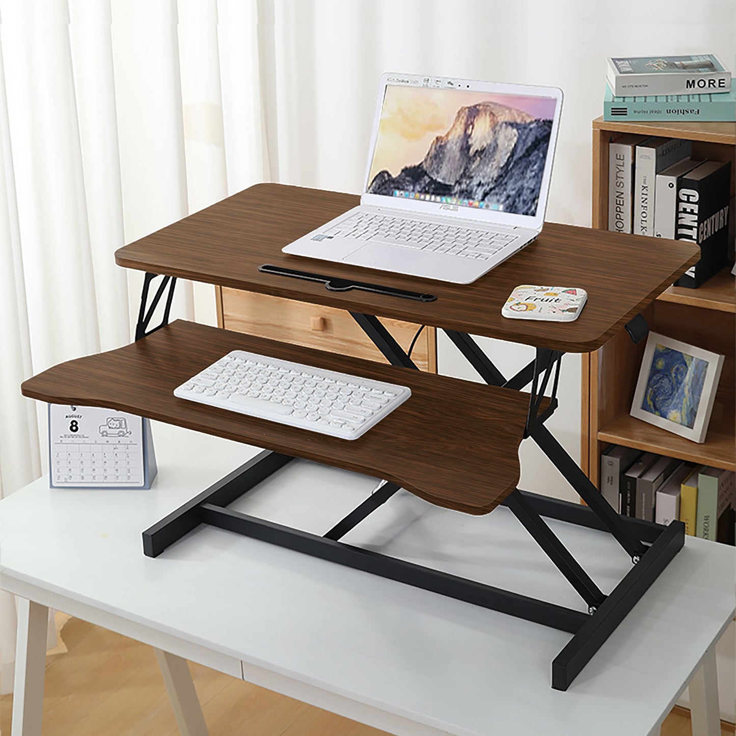 32 Inch Desk Converter, Height Adjustable Sit to Stand Riser, Dual Monitor and Laptop Workstation with Wide Keyboard Tray, Walnut Color image 10