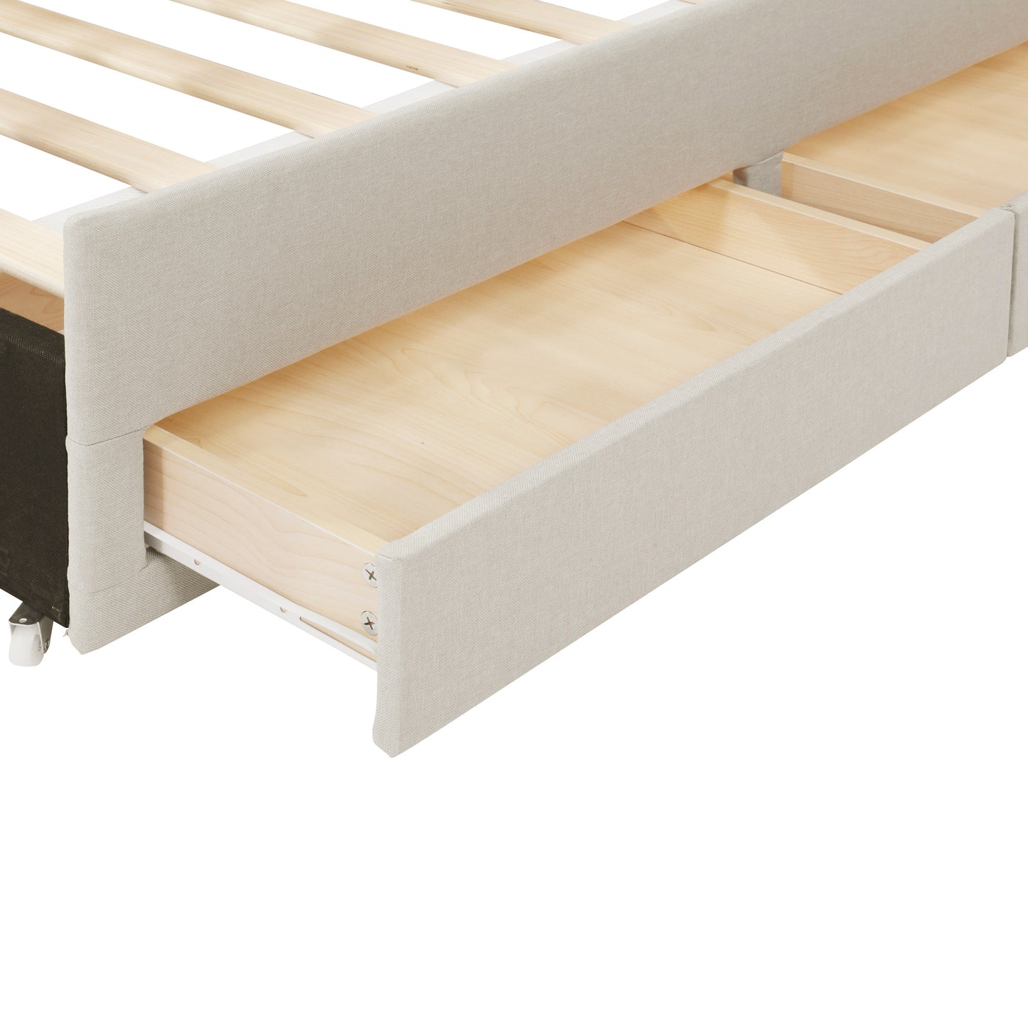 Full Size Upholstered Platform Bed with Twin Size Trundle and 3 Drawers, Linen Fabric, Beige image 12