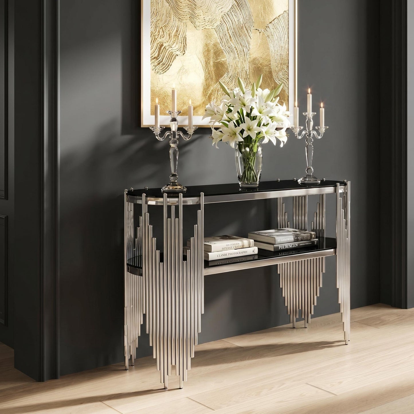 Luxury Silver Console Table with 2-Tier Black Tempered Glass Shelves, Modern Oval Entryway Table for Hallway & Living Room, Polished Stainless Steel Frame, 47" x 15.7" x 31.5" image 9