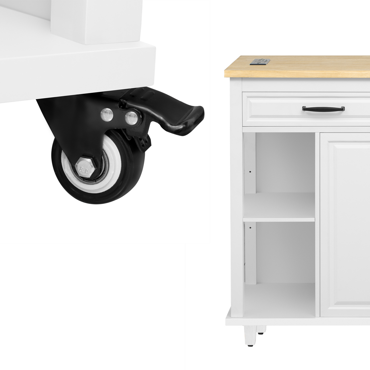 K&K 47 inch Kitchen Island with Extendable Dining Table, Rubber Wood Veneer Kitchen Table with Internal Storage Rack, Power Outlet, Kitchen island with Storage 2 Drawers 2 Cabinet,White image 12