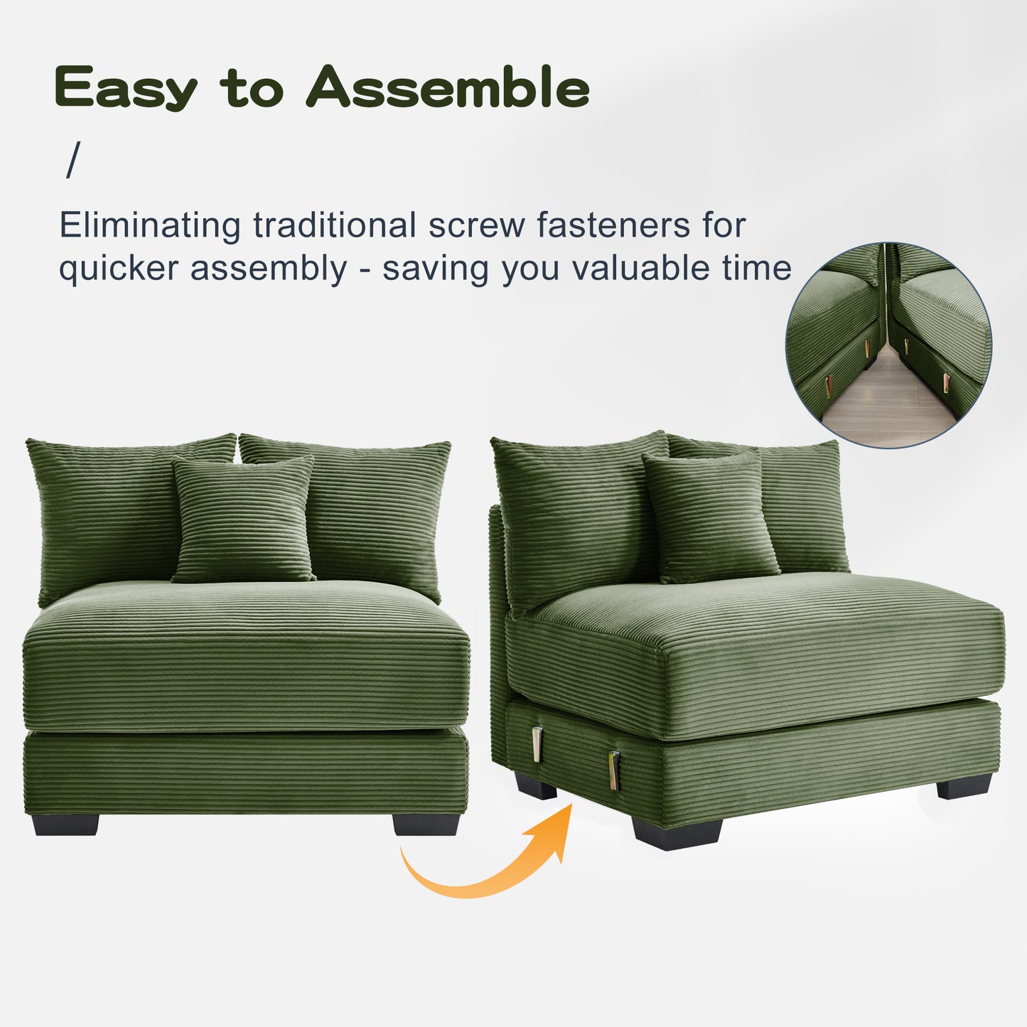 Oversized Cloud Modular Sectional Couch, Convertible Sectional Couches,Extra-Wide Armrests With An Ottoman,Soft Corduroy Fabric,Ergonomic Design, Easy Assembly, For Living Bedroom,Green image 12