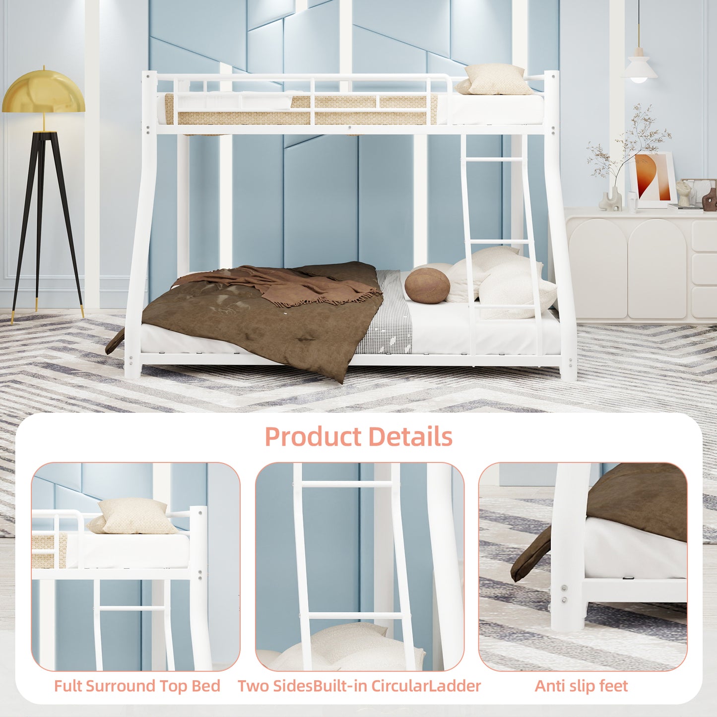 Metal Bunk Bed Twin Over Full Size with Removable Stairs, Heavy Duty Sturdy Frame with 12" Under-Bed Storage for Teen & Adults, Teens, No Box Spring Needed, White image 12