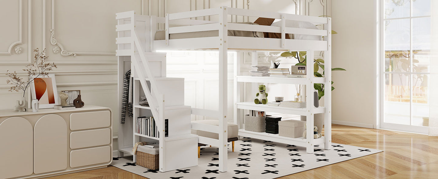 Full Size Loft Bed with Shelves, Storage Staircase, Small Wardrobe and White LED Light, White(Old SKU:N7090000472K) image 12