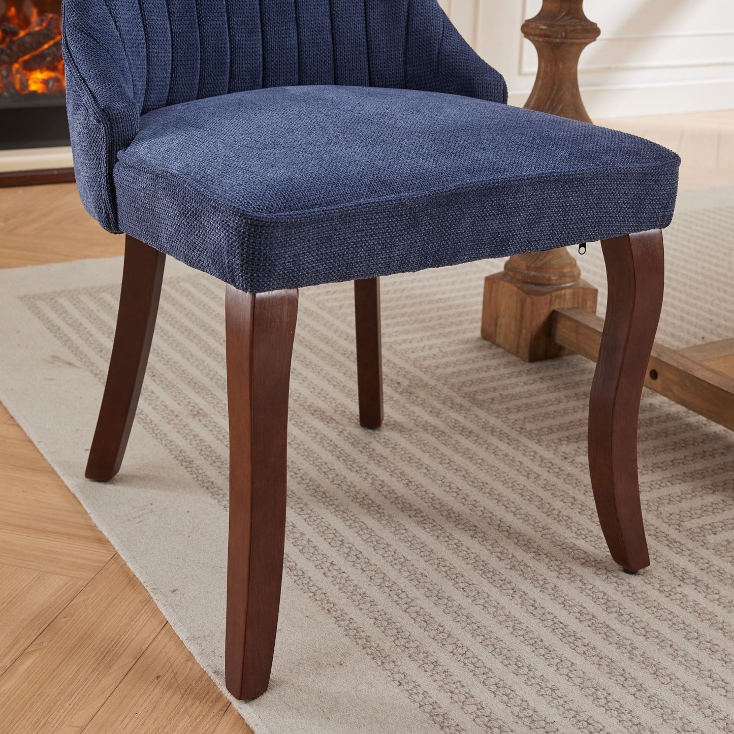 Rayon Cloth Flocking Linen Dining Chairs Channel Kitchen Dinner Chair Comfy Fabric Upholstered Accent Chair for Dining Room with Curved Solid Wood Legs,Set of 2 (Blue), SW1847BL image 12