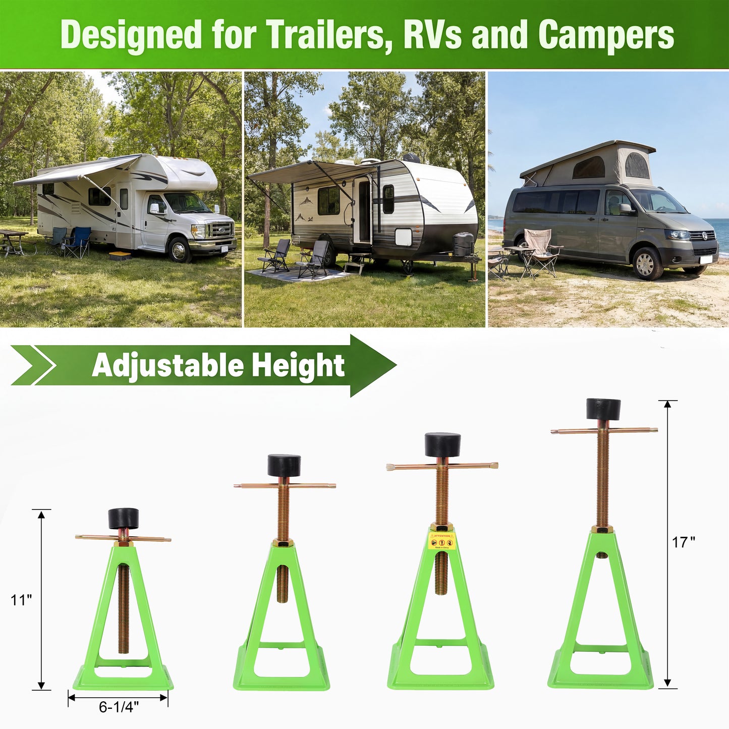 4-Pack RV Stabilizer Jacks, Heavy Duty Adjustable Screw Jack Stands for Travel Trailer Camper, 3300 Lbs Each Load Capacity, 11" to 17" Height Range, with Spare Nuts & Rubber Pads for RV Leveling & Sup image 9