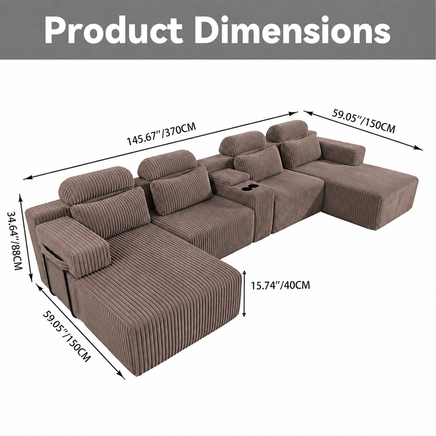 Modern coffee corduroy 6-seater U-shaped sofa with lounge chair and cup holder -145.7 inch oversized modular compression sofa, suitable for home theaters, luxury living spaces, tool free assembly image 11