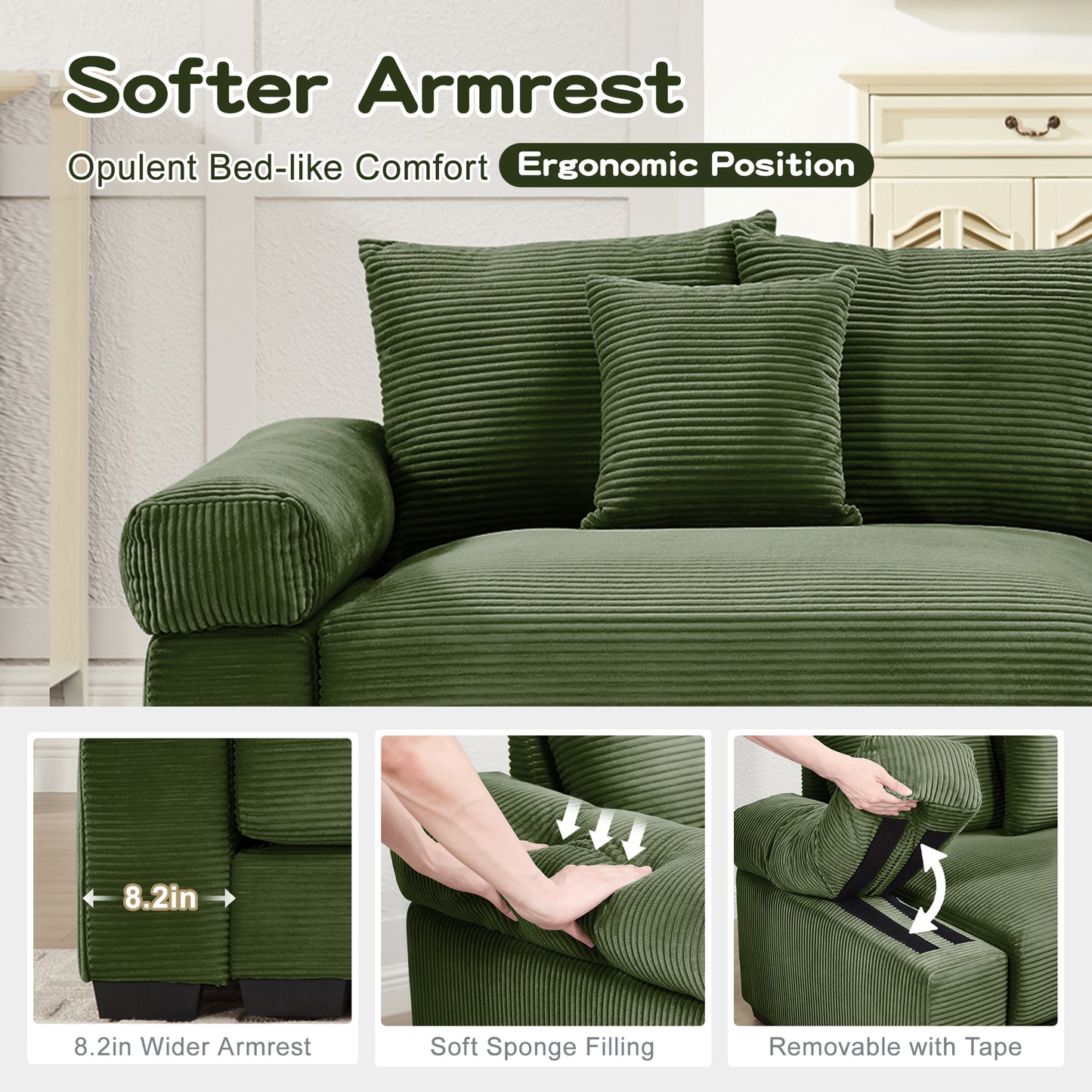130" Oversized Cloud Modular Sectional Couch,Premium Corduroy Fabric, 3-Seater Deep Seat Wide Armrests, With An Ottoman,Ergonomic Design, Easy Assembly For Lounges Living Room,Green image 12