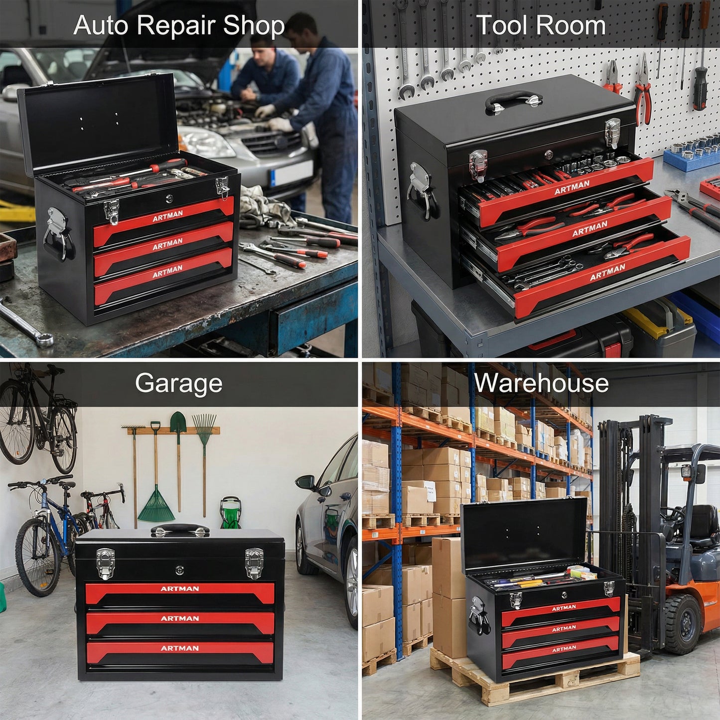 20'' Portable 3-Drawer Steel Toolbox, 4 Layers of Tools with Metal Latches, with Top Storage Tray and carrying Handle, Multi-Function Tool Storage for Garage, Home, or Workbench,Black&Red image 11
