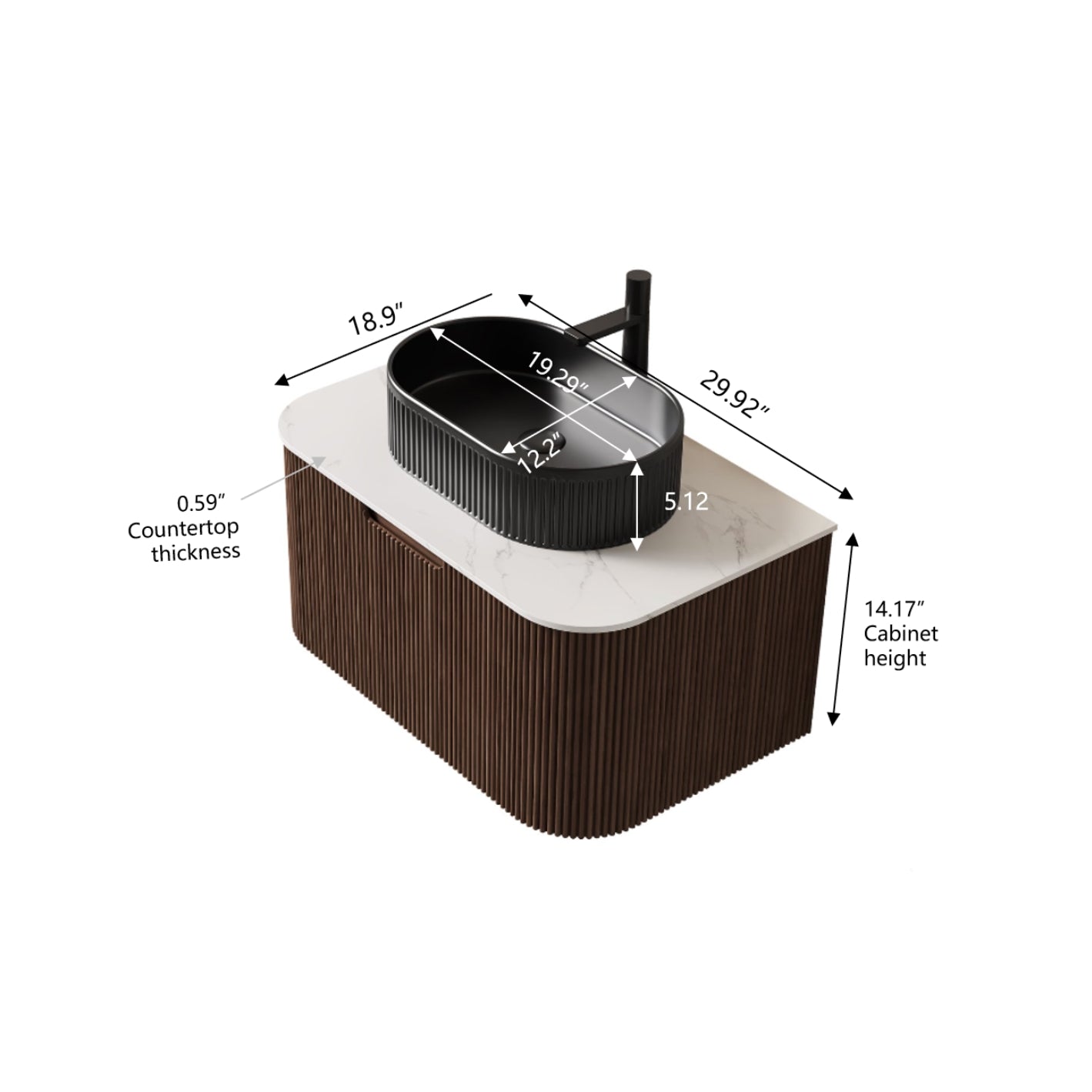 DINA 30" Bathroom Vanity with Sink, Modern Wall-Mounted Curved Edges Striped Bathroom Storage Cabinet with a Drawer, Black Ceramic Vessel Basin, NO Faucet, Pre-assembled, Dark Walnut Woodgrain Color image 5