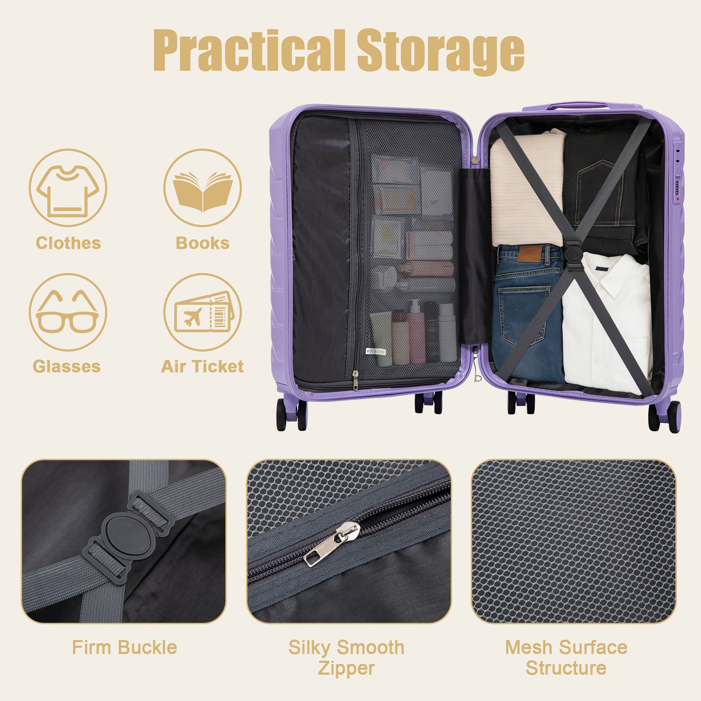 20 Inch ABS Hard Shell Travel Checked Luggage - Scratch Resistant Surface Four Multi-Directional Wheels, With Combination Lock.(Blue+Purple) image 12