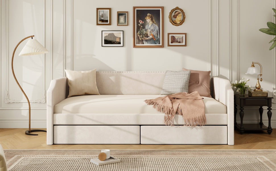 Twin Size Velvet Upholstered Daybed with 2 Drawers, Beige image 12