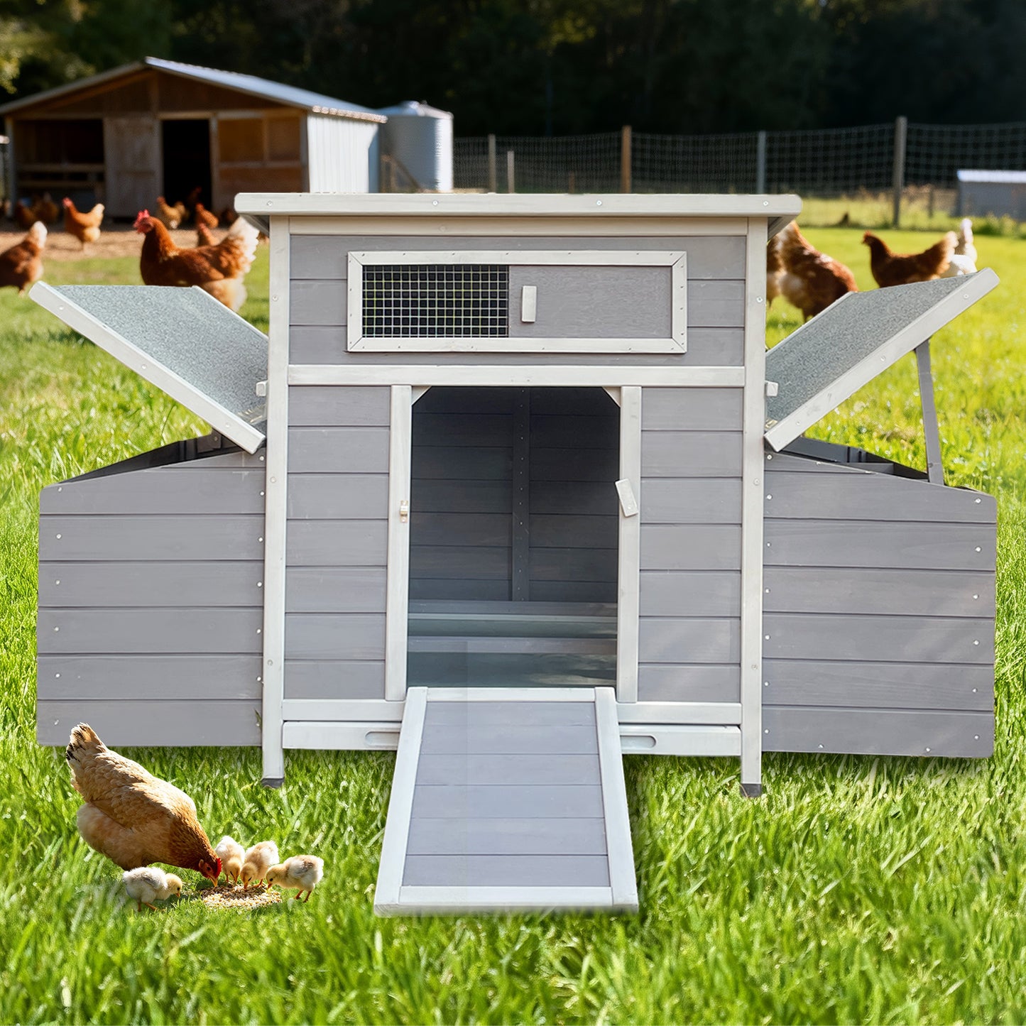 Gray Wooden Chicken Coop, Large Outdoor Hen House with Run and Nesting Box Poultry Cage, Rabbit Hutch, Waterproof Anti-UV Panel for Backyard image 11